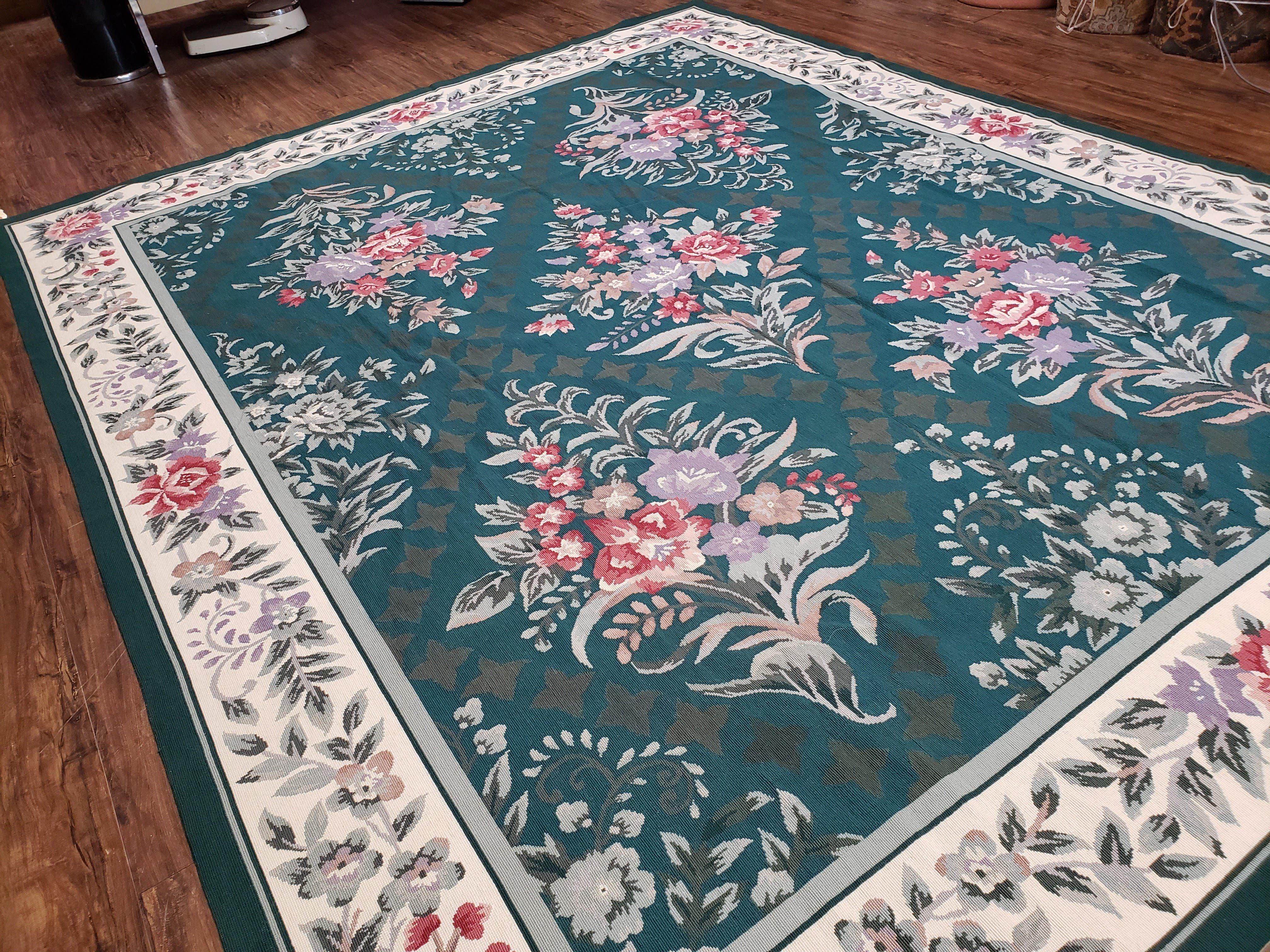 Chinese Needlepoint Rug 8x10, Vintage Green Area Rug, Hand-Woven Flatweave Floral European Design Carpet Wool Handmade 8x 10 Living Room Rug - Jewel Rugs