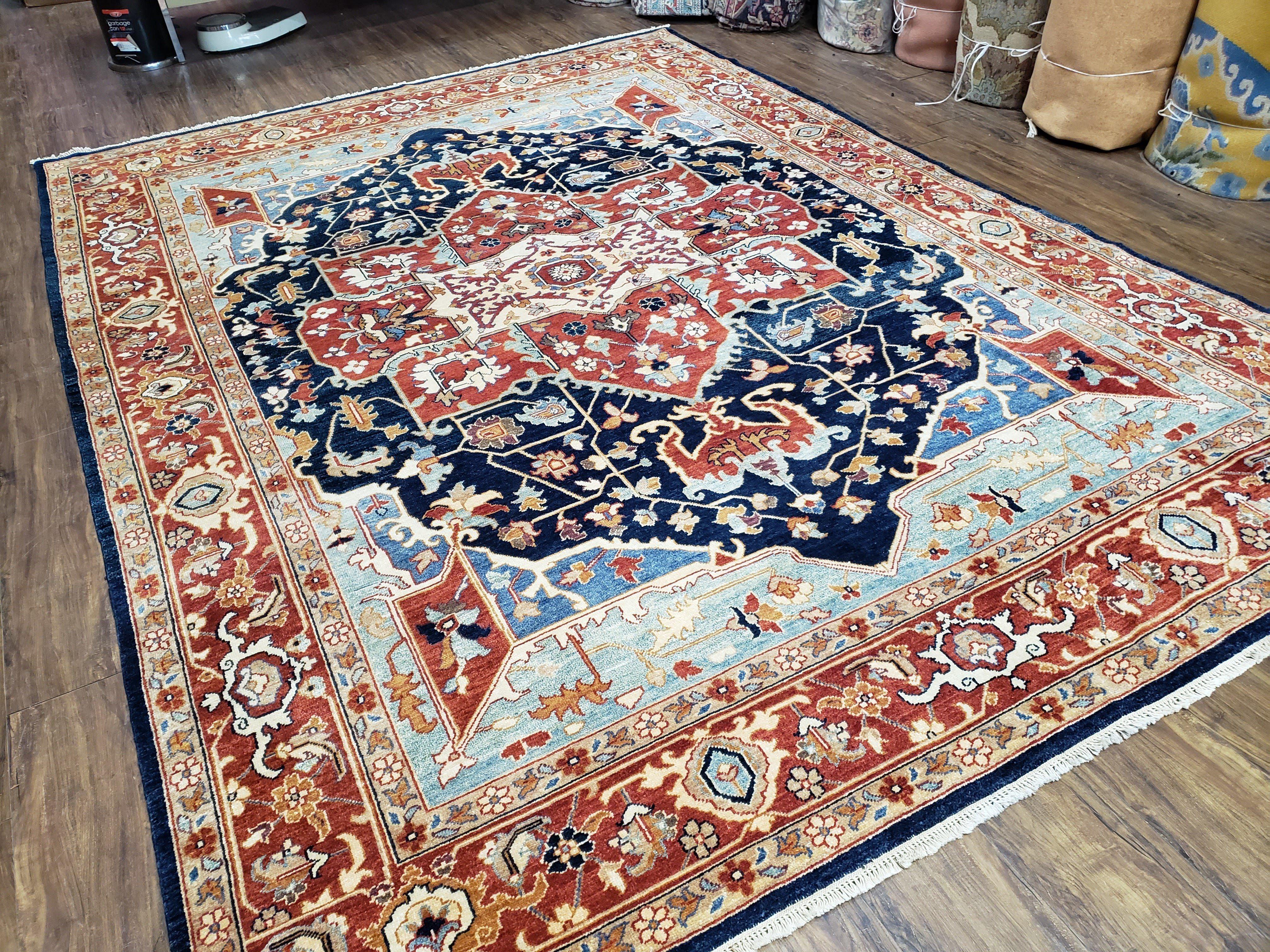 Safavieh Samarkand Heriz Rug 8x9 ft, Colorful Serapi Room Sized Hand-Knotted Wool Carpet, Tribal Rug, Vintage Oriental Rug, Navy Blue & Red - Jewel Rugs
