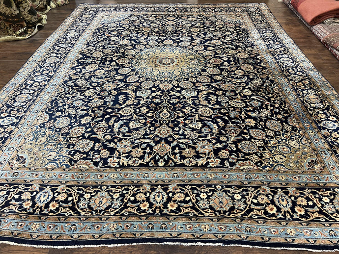Wonderful Persian Kashan Rug 10x13, Navy Blue Light Blue Tan, Hand Knotted Wool Oriental Carpet Floral Allover Medallion 1950s Semi Antique Vintage - Jewel Rugs