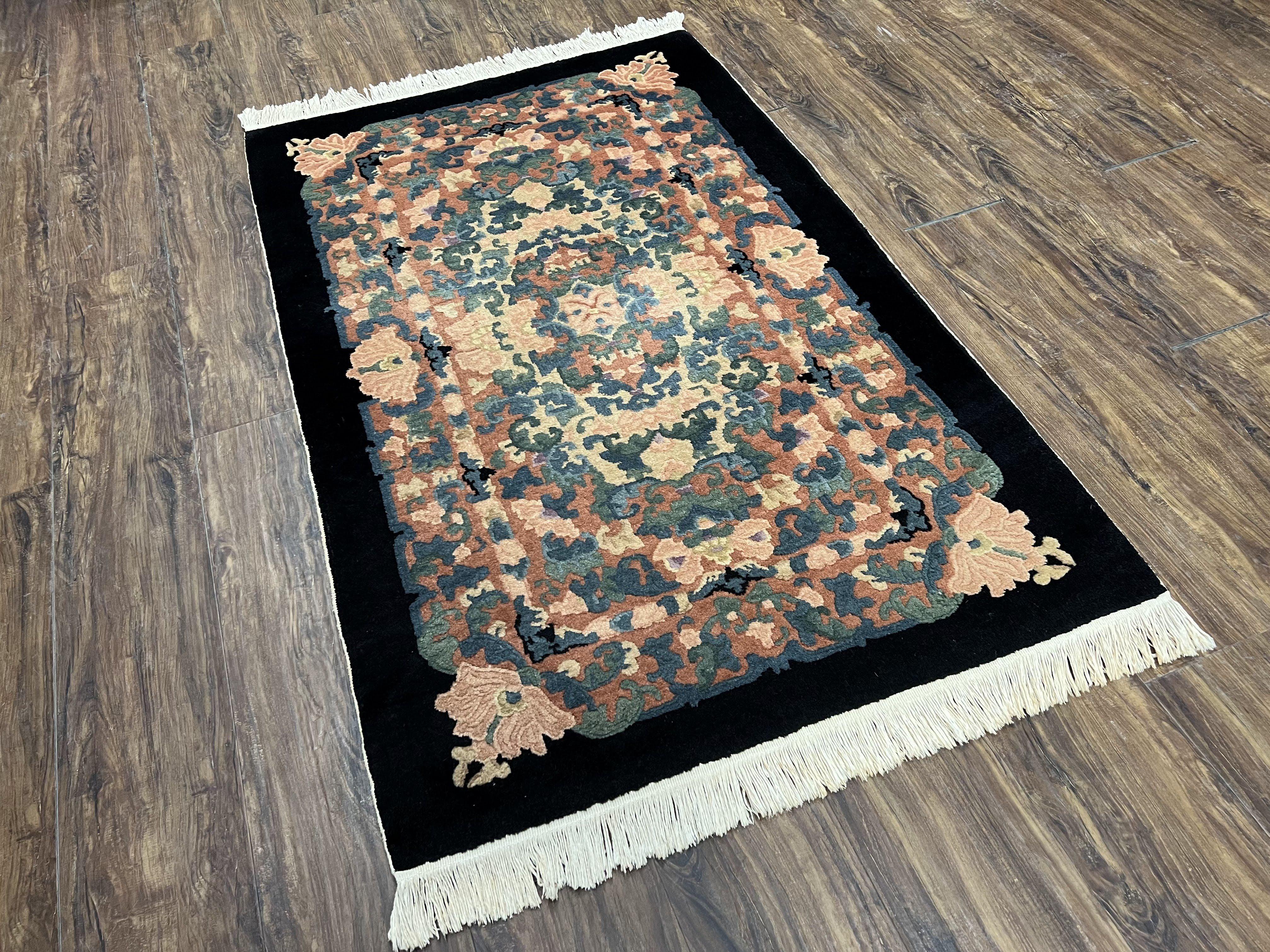 Chinese Art Deco Rug 3x5, Black and Beige Chinese Carpet 3 x 5, Vintage Rug, 1950s Rug, Floral Rug, Handmade Rug, Art Deco Rug, Wool Rug - Jewel Rugs