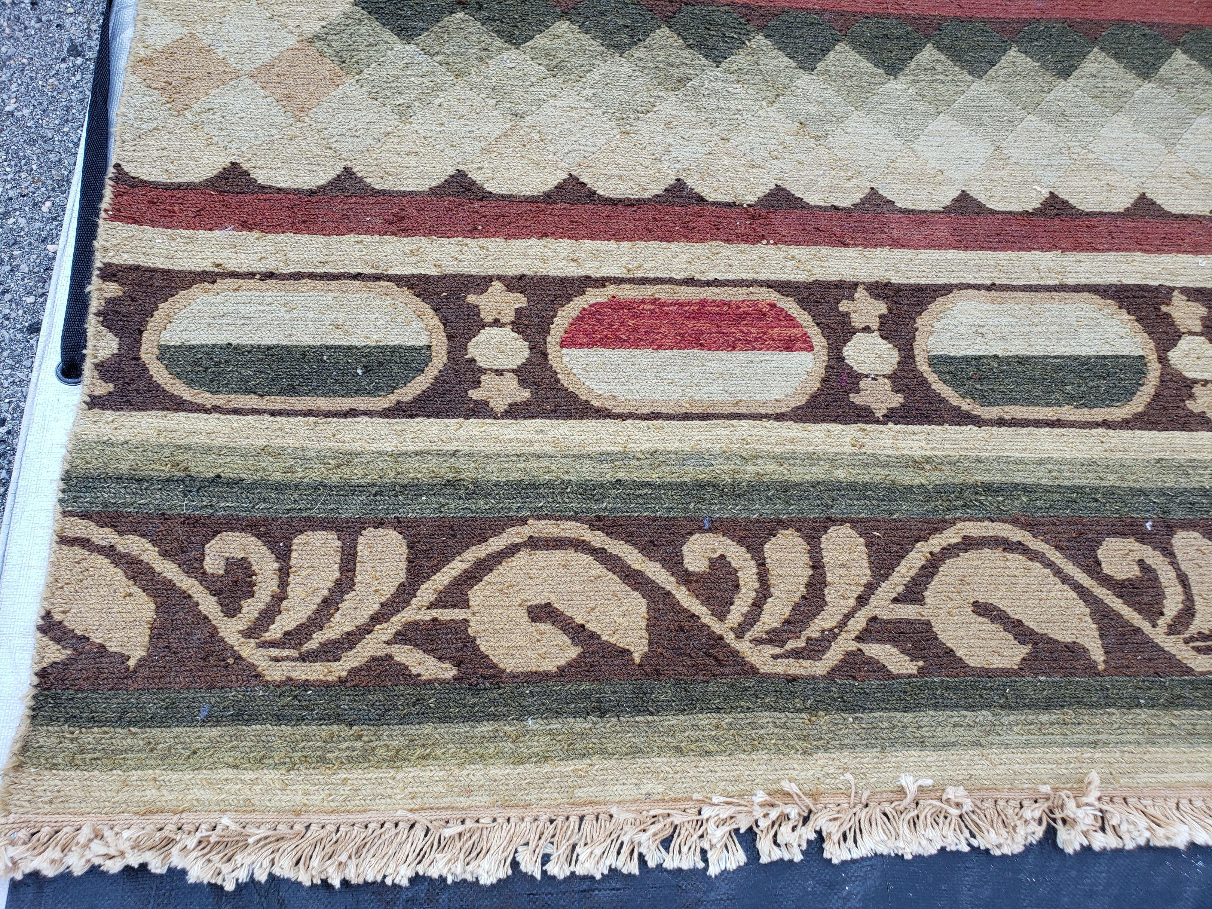 Large Vintage Striped Rug, Handmade, Earth Tone Decor, Beiges Slate Gray Dark Red, Flatweave Indian Striped Carpet, Indian Kilim 10x14, Wool - Jewel Rugs