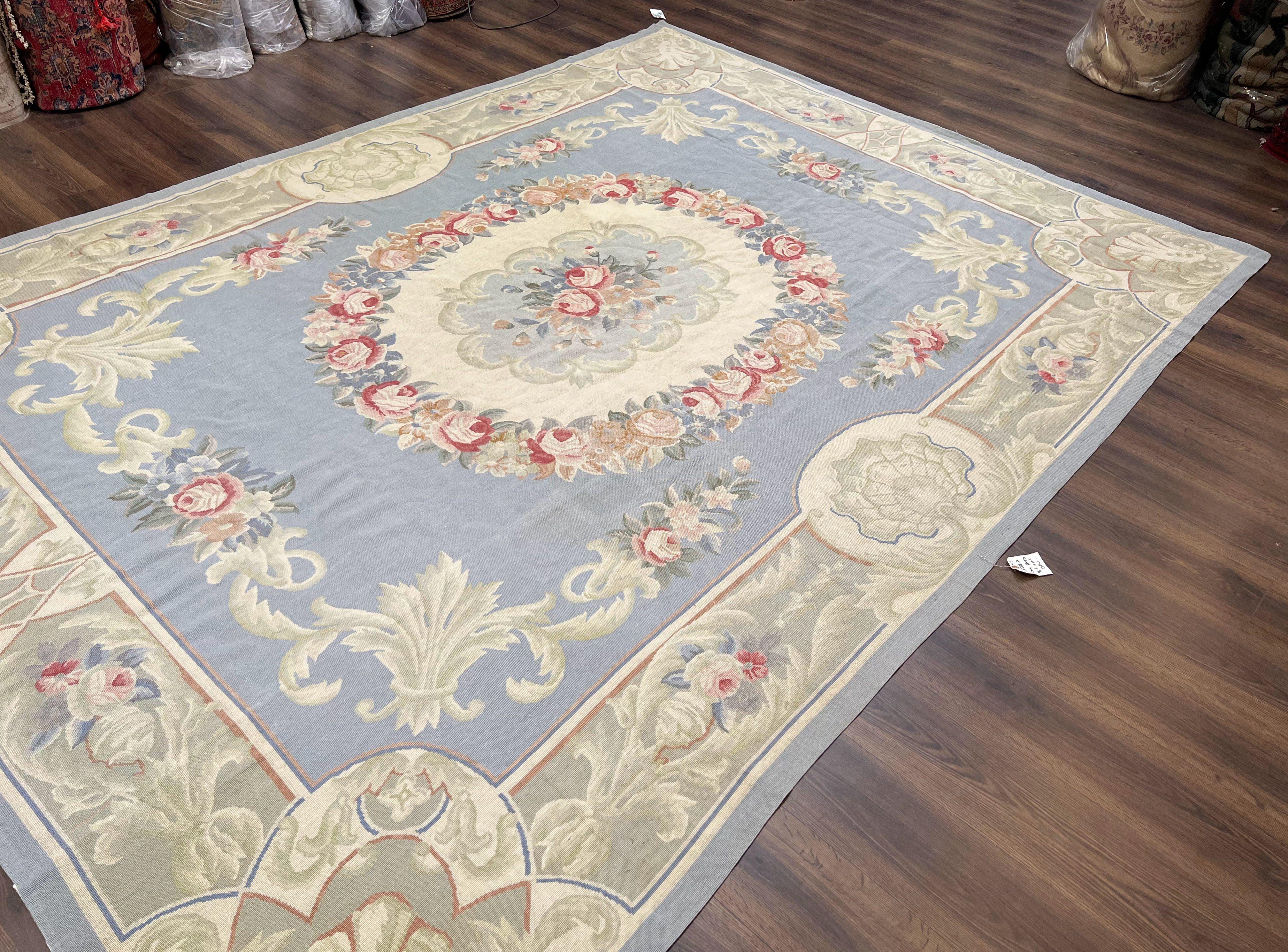 Aubusson Needlepoint Rug 8' 6" x 11' 6", Elegant French Aubusson Design Carpet, Vintage Savonnerie Flatpile Wool Floral Rug Light Blue Beige - Jewel Rugs