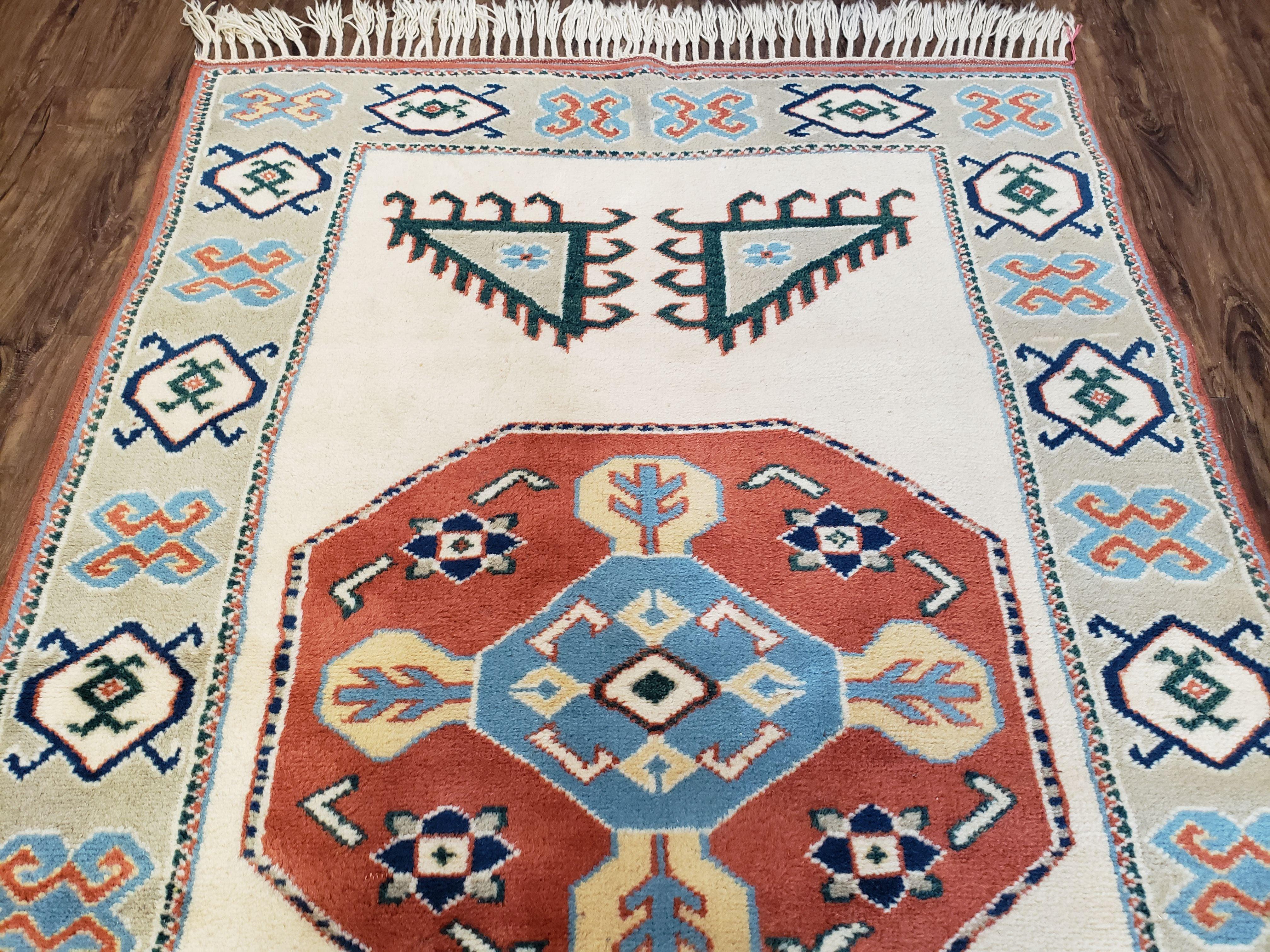 Vintage Turkish Rug 4x6, Beige Red Gray Carpet, Caucasian Design, Tribal Rug, Hand-Knotted, Boho Rug, Bohemian Home Decor - Jewel Rugs