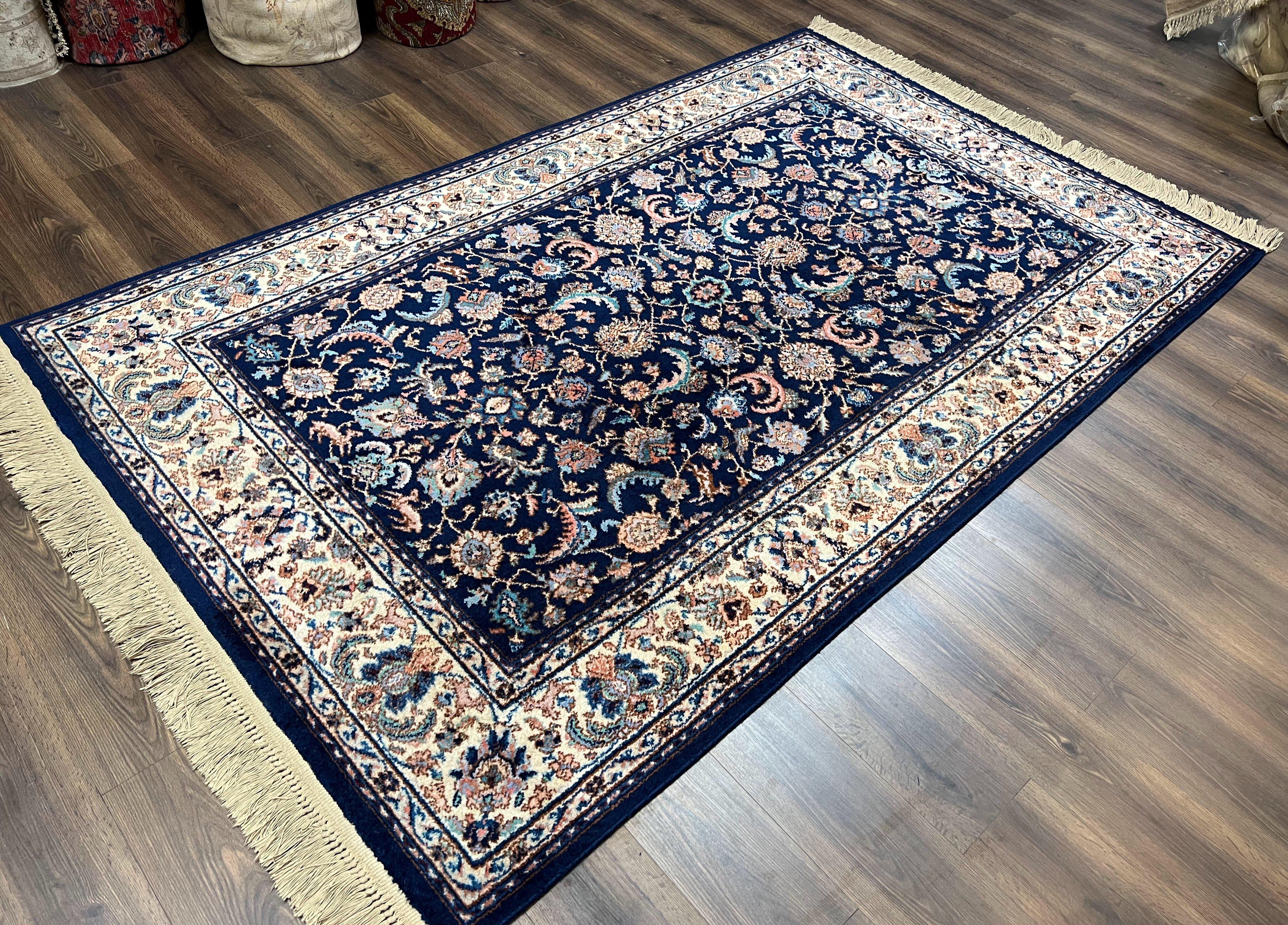 Karastan Rug #747, Indigo Tahbreez 5.9 x 9, Wool Carpet Original 700 Series, Vintage Area Rug Allover Floral, Discontinued, Navy Blue Ivory - Jewel Rugs