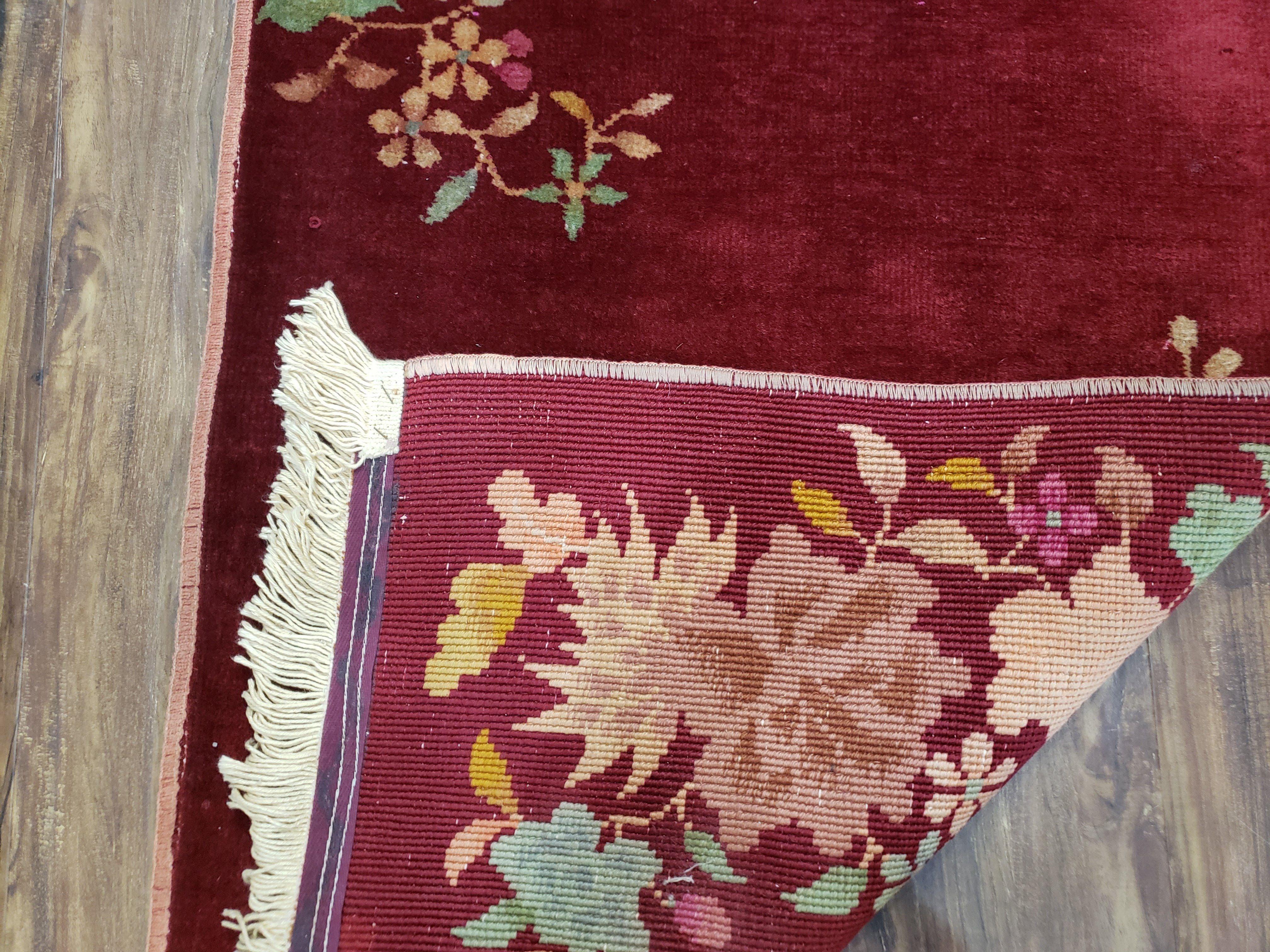 Small Chinese Art Deco Rug, Maroon Art Deco Carpet 2x4 Rug, Floral Nichols Rug, Peking Rug, Antique Deco Asian Decor, Handmade, Wool, Pair A - Jewel Rugs