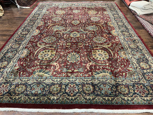 Large Indian Agra Rug 10x13, Maroon Midnight Blue Tan Hand Knotted Wool Oriental Carpet 10 x 13 ft, Floral Allover, Vintage Traditional Rug