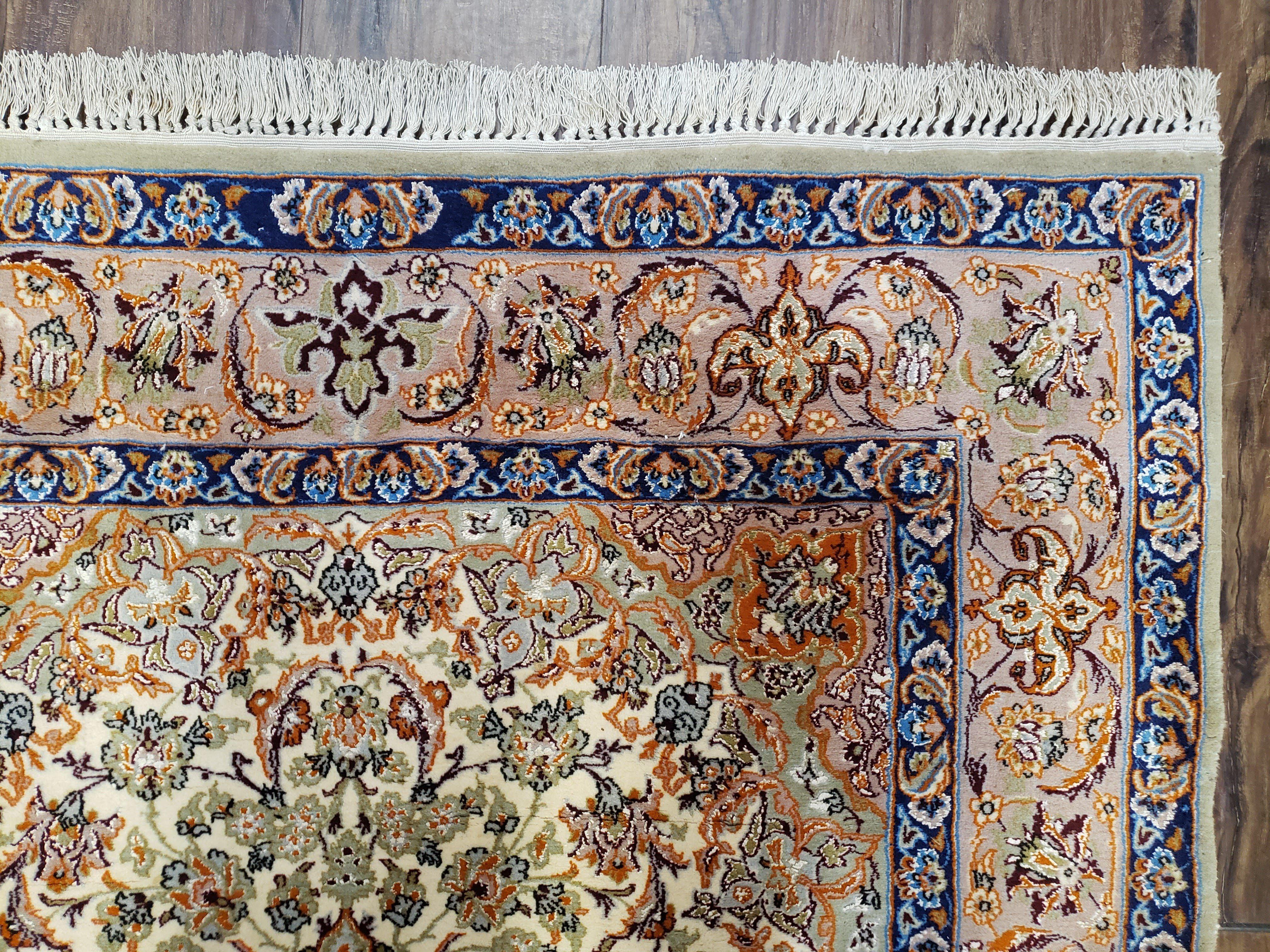 Vintage Persian Isfahan Lachak Toranj Rug, Highly Detailed, Kork Wool on Silk Foundation, Beige and Dark Blue, Hand-Knotted, 3'6" x 5' 4" - Jewel Rugs