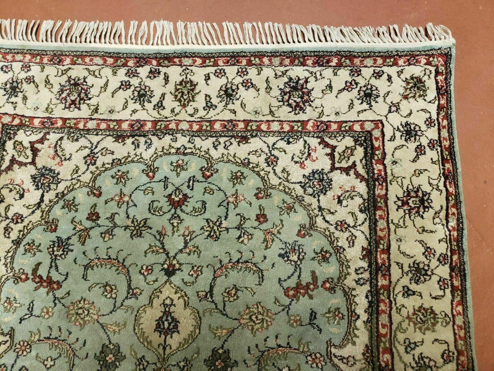 Silk Turkish Kayseri Rug 3x5, Light Mint Green and Ivory, Vintage Fine Silk Hand Knotted Oriental Carpet 3 x 5 ft, Floral Medallion, Nice - Jewel Rugs