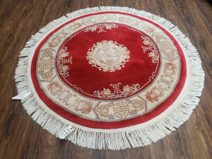 Round Chinese Carving Rug 3.9 x 3.9, Small 90 Line Chinese Circular Carpet, Art Deco Rug, Red and Beige, 4ft Round, Wool Rug Soft Handmade - Jewel Rugs