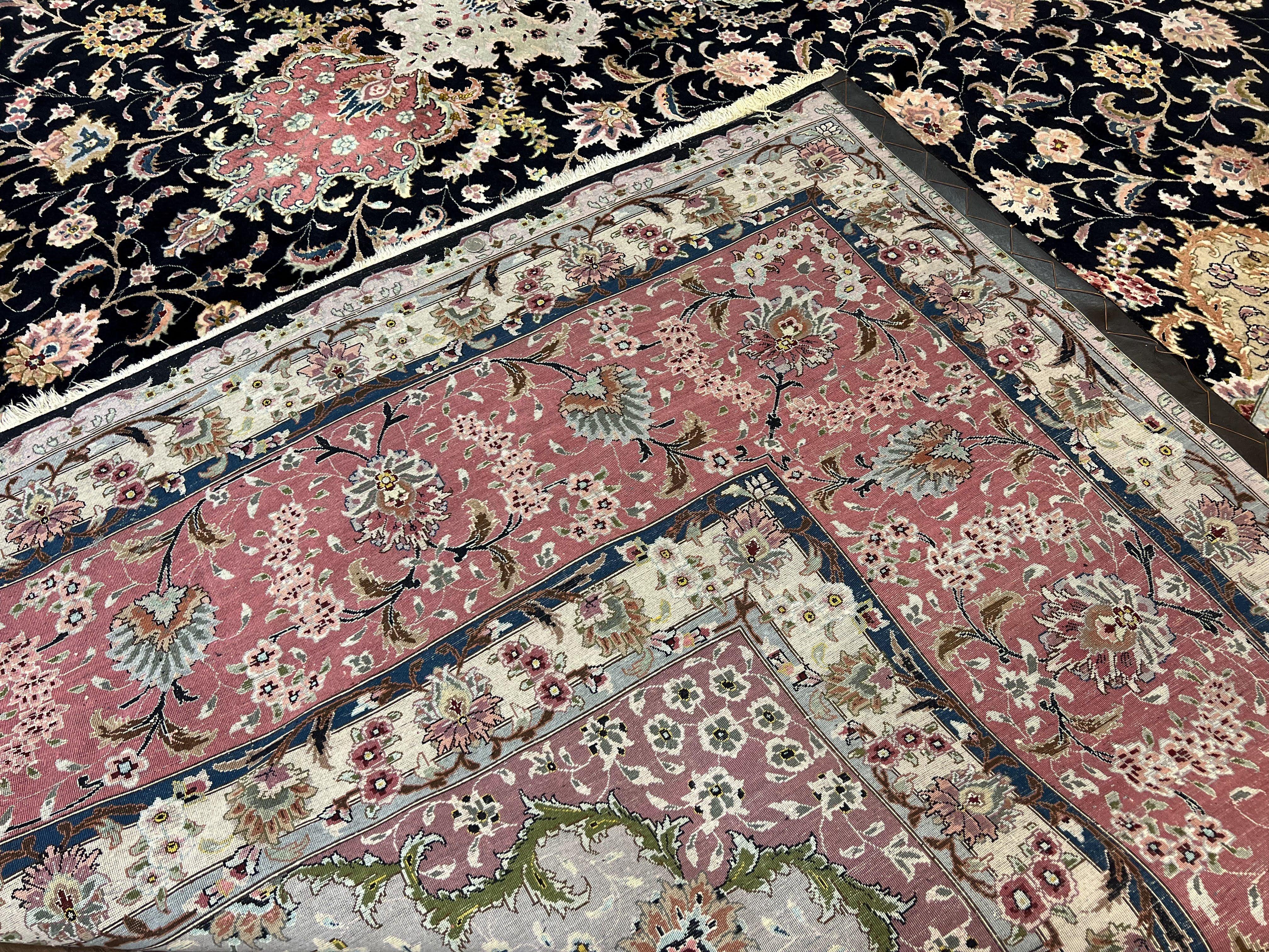Magnificent Persian Tabriz Rug 11x16, Oversized Persian Carpet 11 x 16 ft, Wool on Silk Finely Hand Knotted, 450 KPSI, Floral Medallion, Black Pink - Jewel Rugs