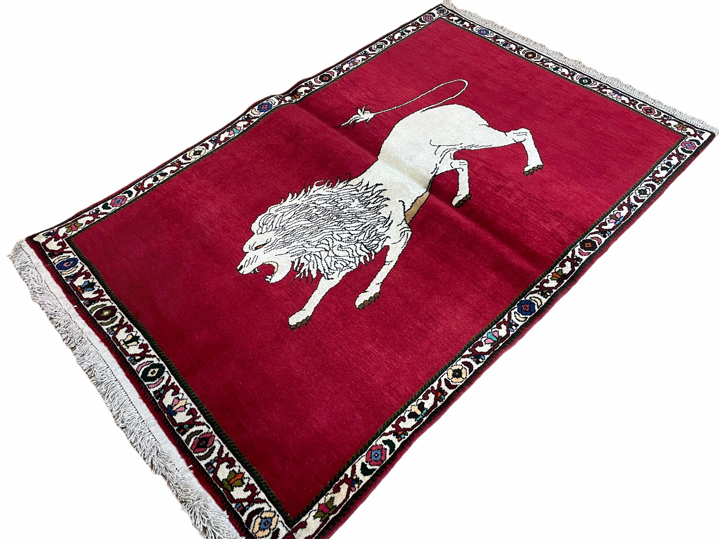 4 X 6 Handmade Hand-Knotted Quality Wool Rug Zagros Lion Red Ivory Tribal Rug - Jewel Rugs