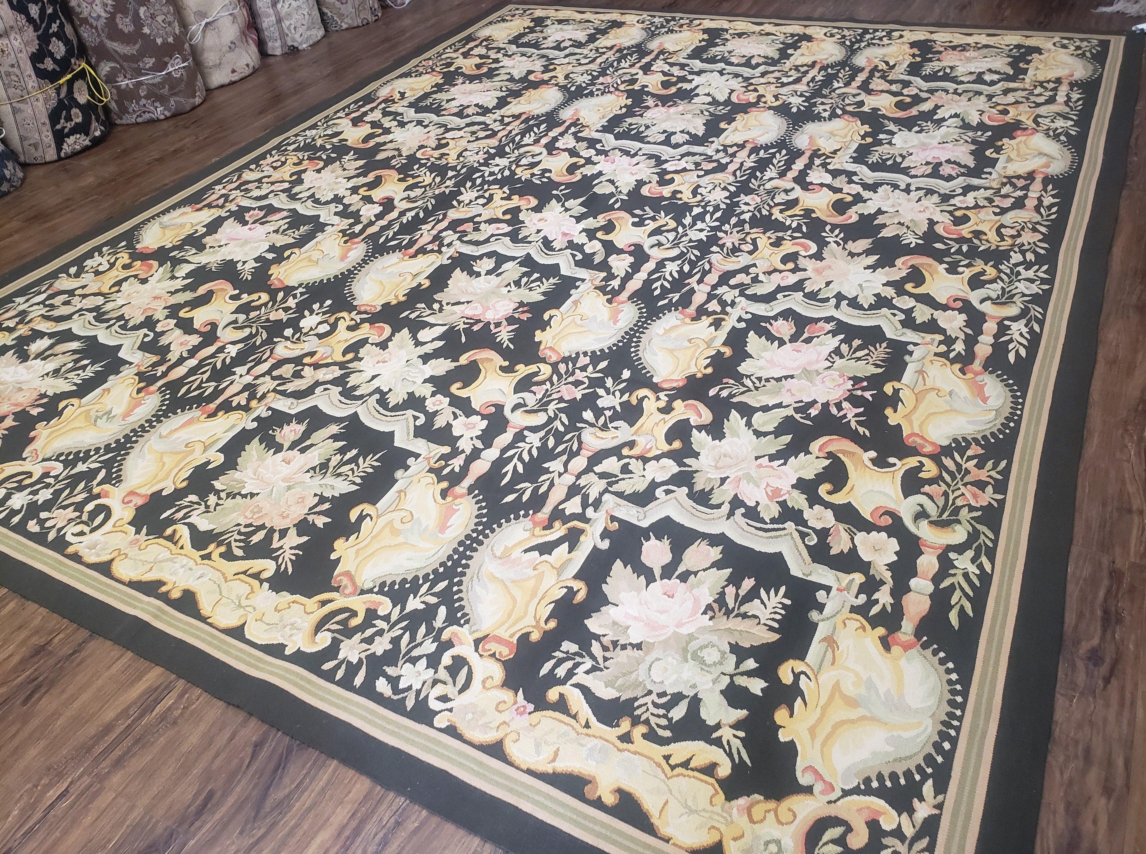 Vintage Black Aubusson Area Rug 8x10, Large Flowers Chinese Aubusson Carpet 7.9 x 10, Wool Hand-Knotted Floral Pattern Flat Weave Rug Nice - Jewel Rugs