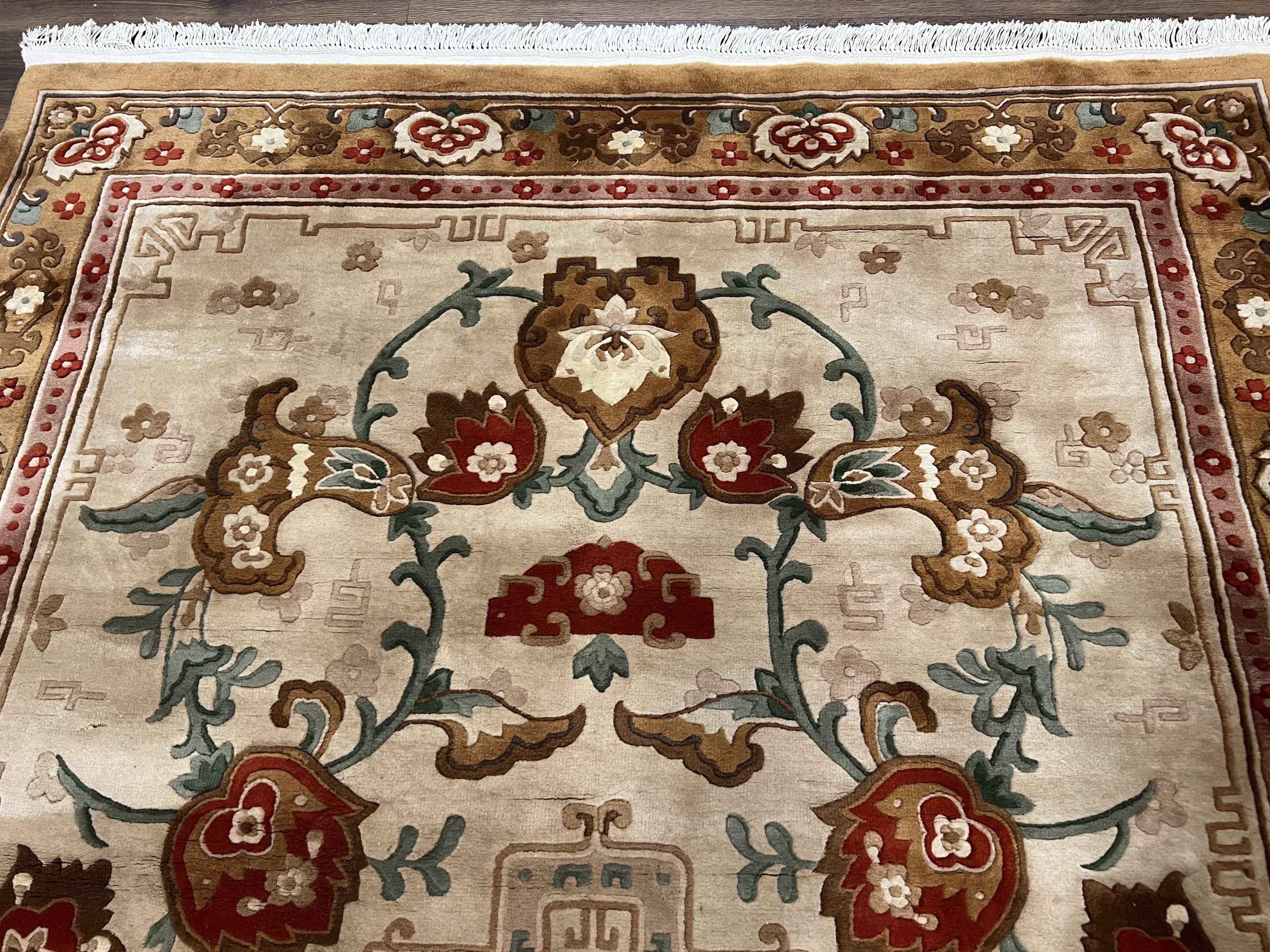 Chinese Wool Rug 5.9 x 9, Tan and Brown Asian Art Deco Carpet, Vintage 1960s Oriental Rug, Hand-Knotted Rug, Soft Wool, Medallion, Pair B - Jewel Rugs