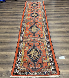 Rare Persian Tribal Runner Rug 3 x 11, Sarab Serab Persian Runner, Antique 1920s Collectible Geometric Medallions Oriental Wool Runner, Hand Knotted, Bright Orange-Red - Jewel Rugs