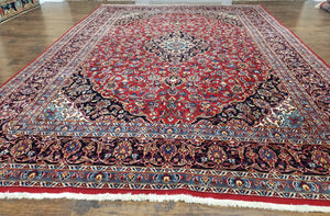 Persian Kashan Rug 9.6 x 13.5, Red and Blue Antique Persian Carpet, Hand Knotted, Medallion Allover Floral, High Quality Large Wool Carpet - Jewel Rugs
