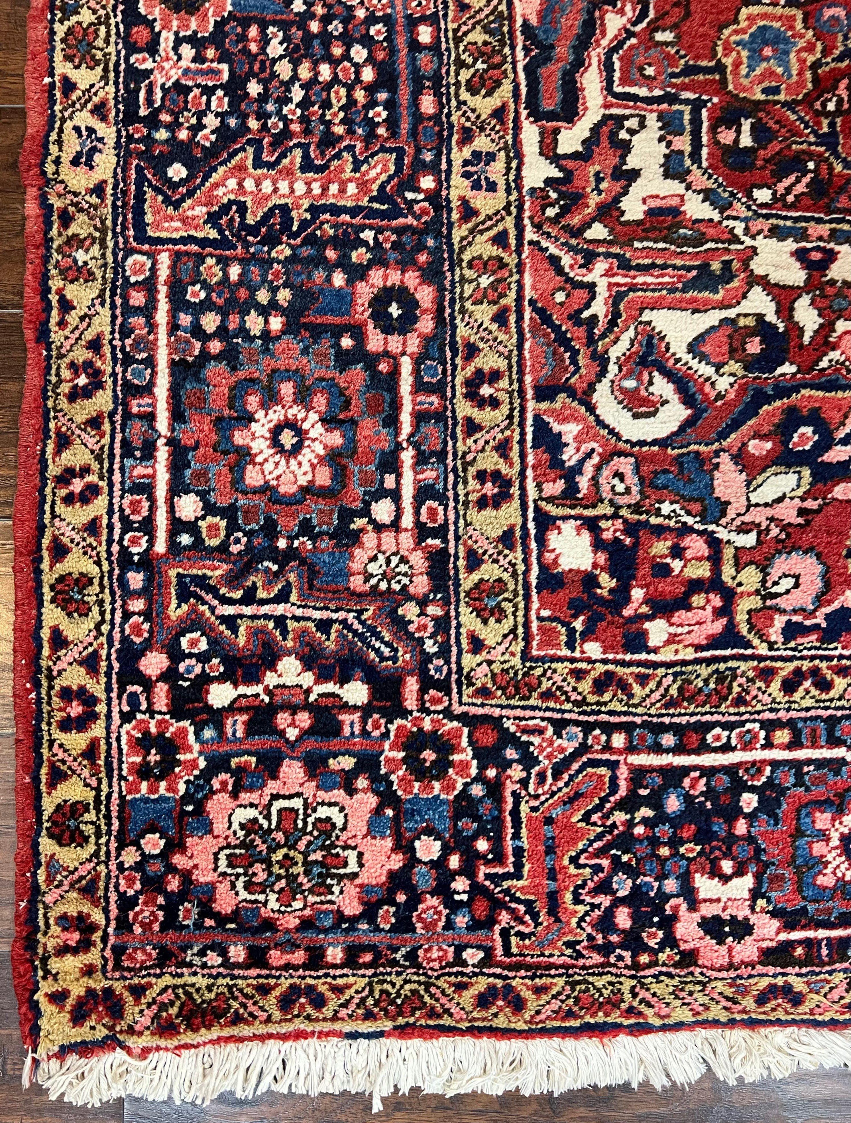 Persian Heriz Rug 8x12, Vintage Geometric Medallion Carpet, Semi Antique Wool Handmade Room Sized Oriental Rug 8 x 12, Red Dark Blue Ivory - Jewel Rugs