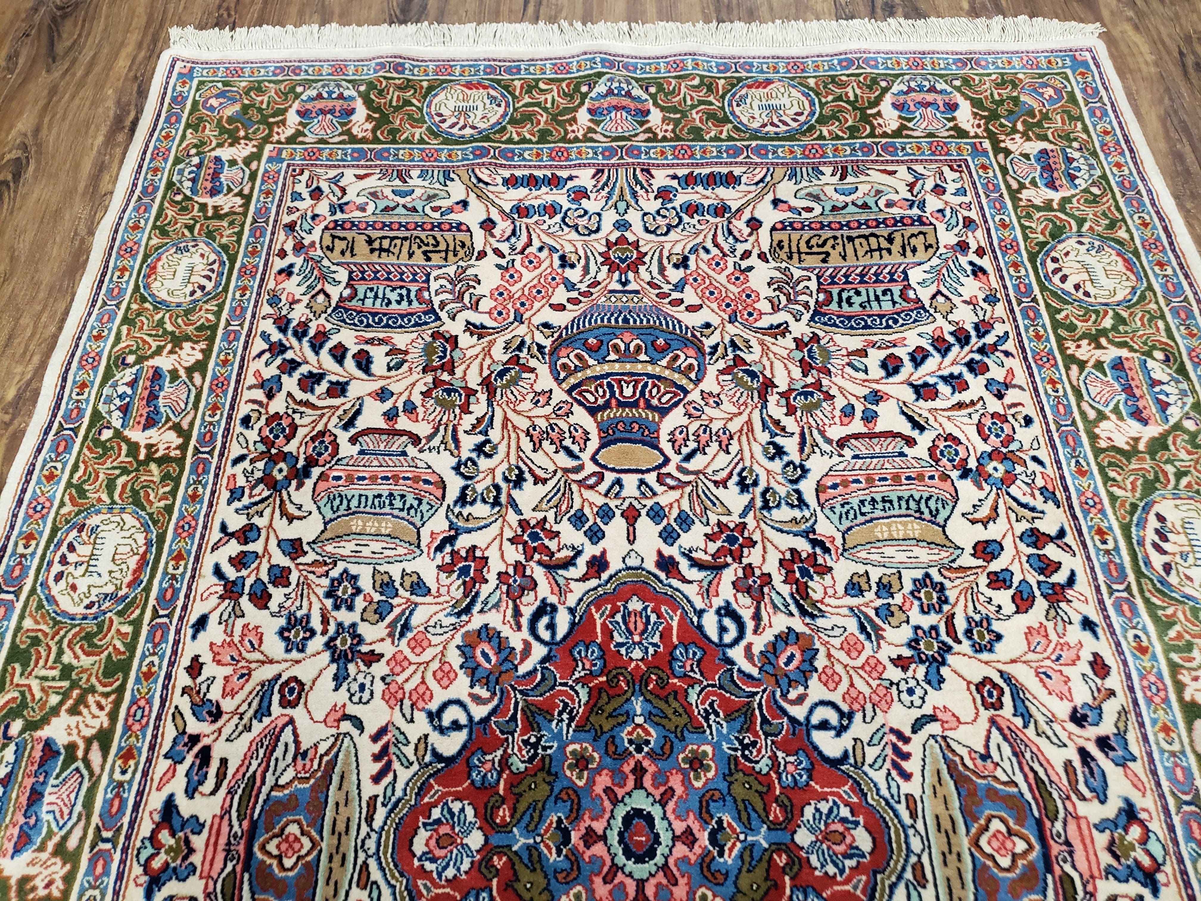 Vintage Persian Ghom Kashmar Rug, Ivory, Wool, Hand-Knotted, 4' 2" x 6' 8" - Jewel Rugs