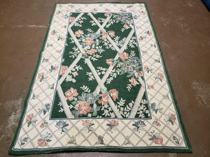 3' 6" X 5' 6" Hand Stitched Indian Wool Rug with Backing Green Beige - Jewel Rugs