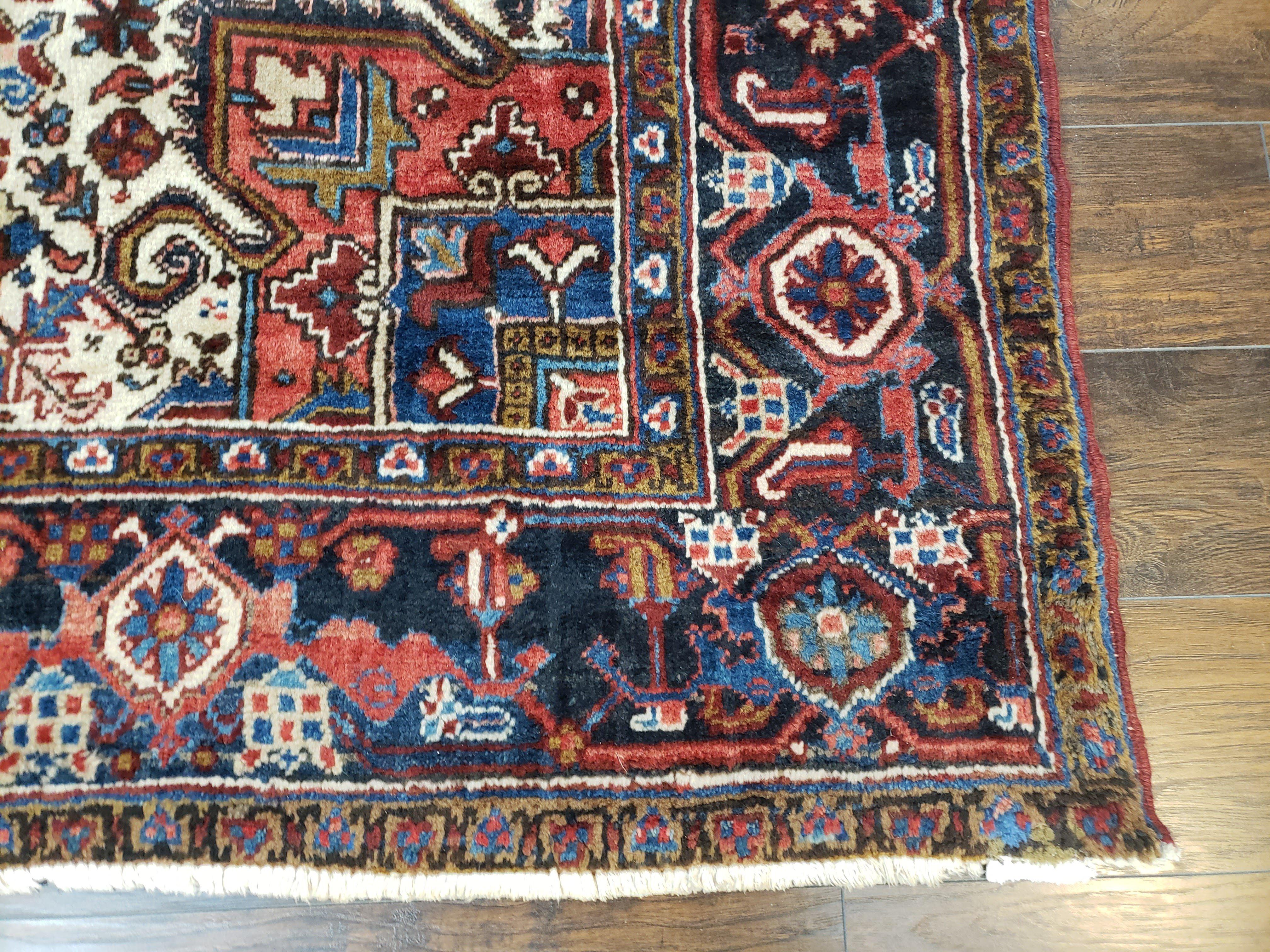 Antique Persian Heriz Rug, Hand-Knotted, Wool, Red Cream Dark Blue, 9' x 11' 10" - Jewel Rugs