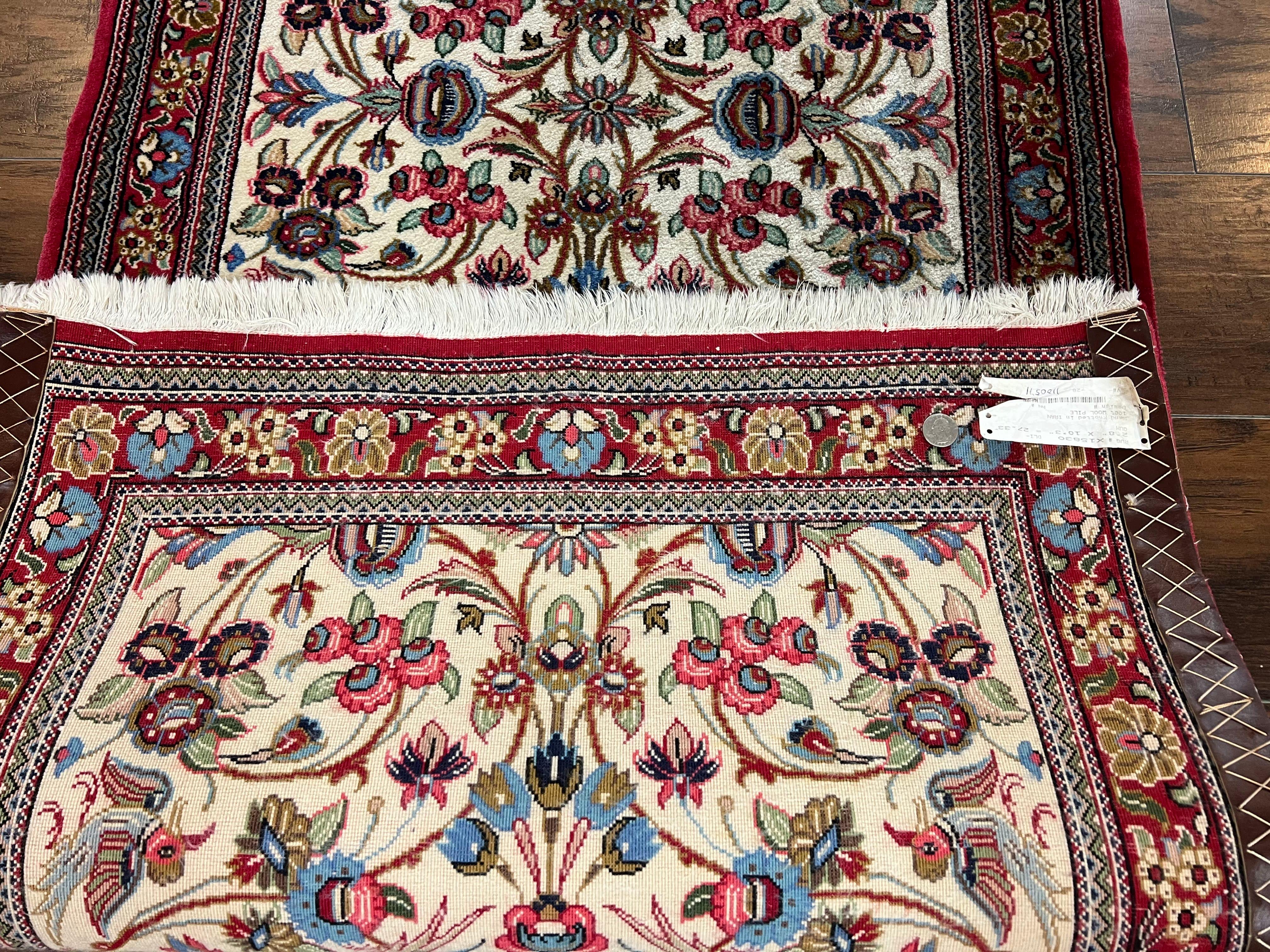 Wonderful Persian Qum Runner Rug 2.8 x 10 ft, Floral Medallions with Bird Motifs, Hand Knotted Wool Fine Oriental 10ft Hallway Runner, Cream Red - Jewel Rugs