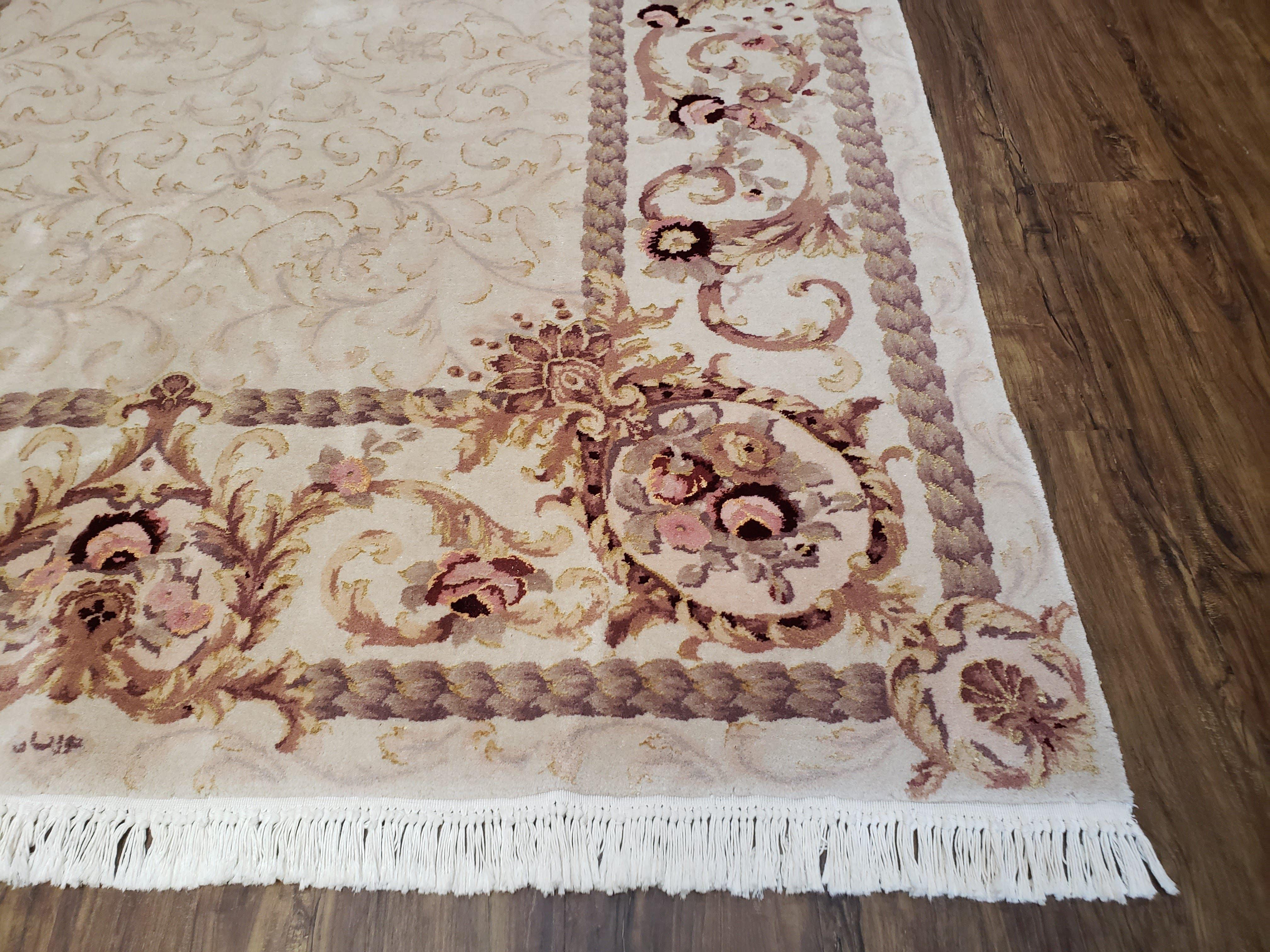 Vintage Ivory Chinese Aubusson Area Rug 6x9, Wool & Silk, Hand-Knotted 120 Line Fine Rug, European Design Carpet, 6 x 9 Master Signature Rug - Jewel Rugs