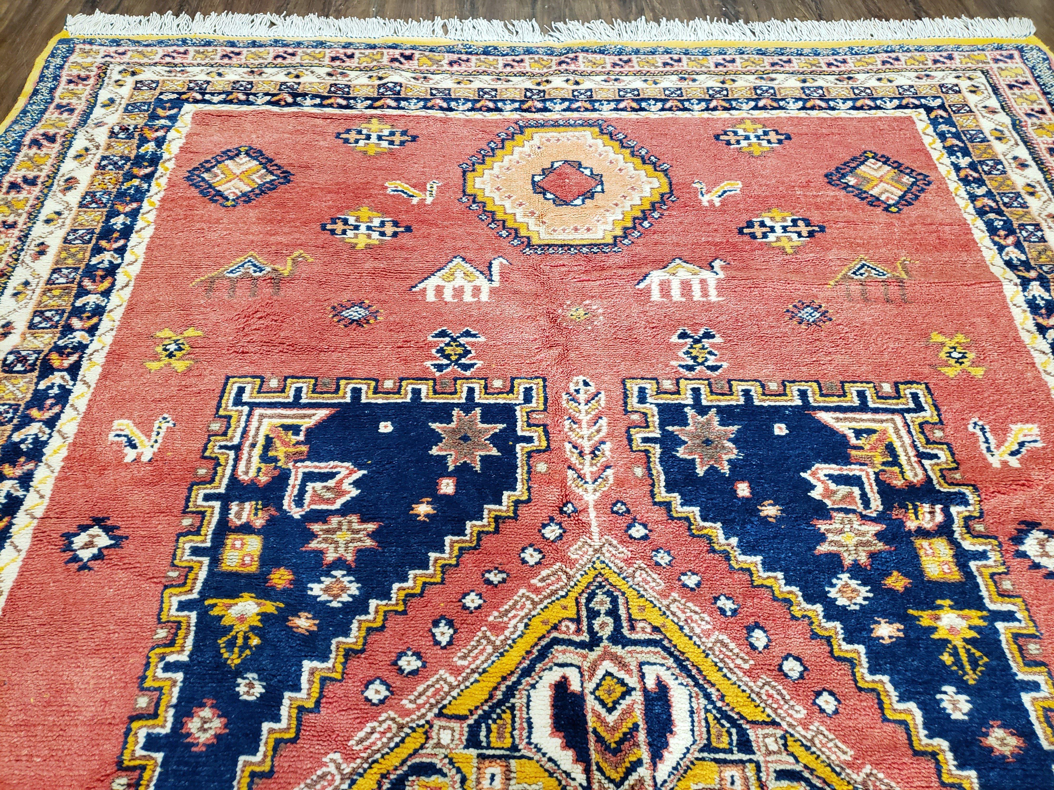 Vintage Moroccan Rug 6.6 x 9.8 ft, Tribal Bohemian Wool Hand-Knotted Carpet, 1950s Moroccan Rug, Salmon Red and Navy Blue, Room Sized Rug - Jewel Rugs