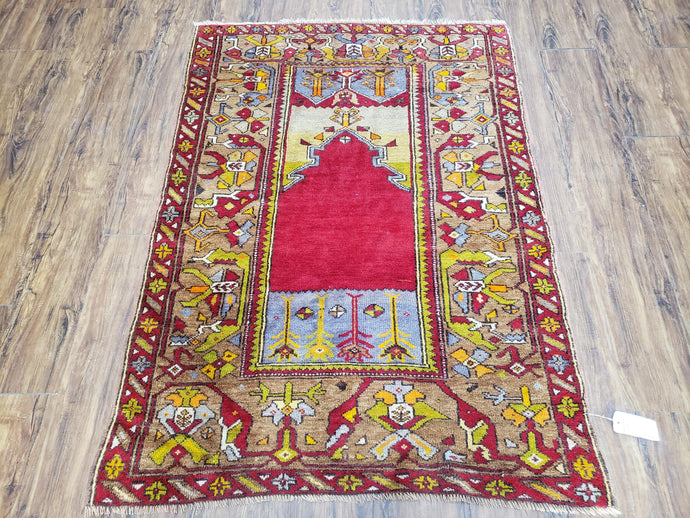 Antique Turkish Prayer Rug 3.8 x 5ft, Colorful Prayer Rug, Red Blue Gold Multicolor Turkish Anatolian Carpet, Handmade Hand-Knotted, Wool - Jewel Rugs