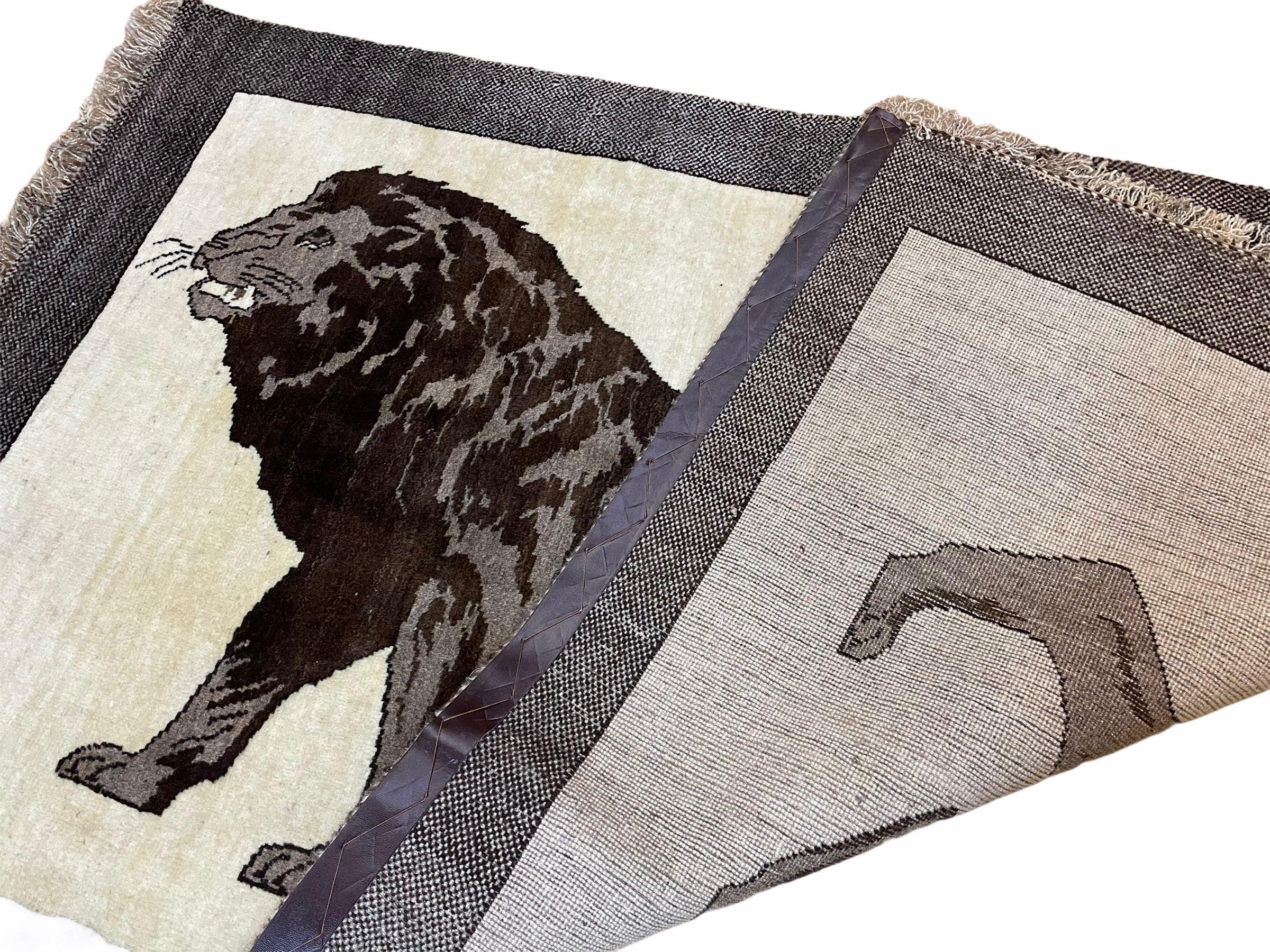 3 x 5 Handmade Rug Brown Beige Hand-Knotted Lion Rug New Vintage Quality Animal - Jewel Rugs