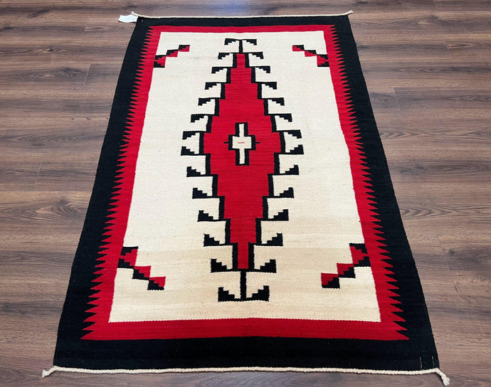 Antique Navajo Rug 4x6, Wool Handwoven Flatweave Collectible Navajo Territory Blanket, Tribal Carpet, Diamond Medallion, Ivory Red Black - Jewel Rugs