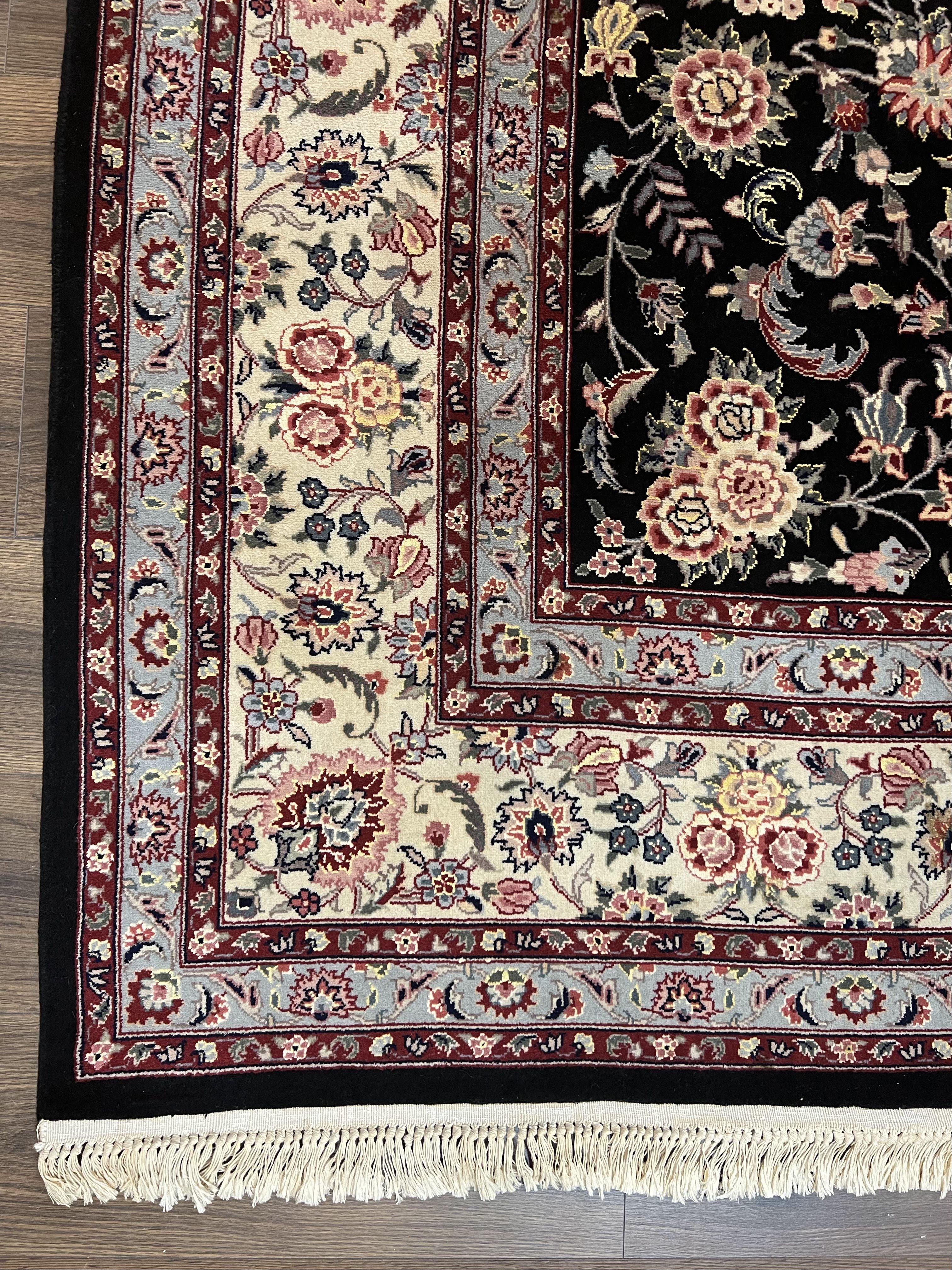 Pak Persian Rug 9x12, Floral Allover, Hand Knotted Oriental Carpet 9 x 12 ft, Black and Cream, Detailed, Wool with Silk Highlights, Vintage - Jewel Rugs