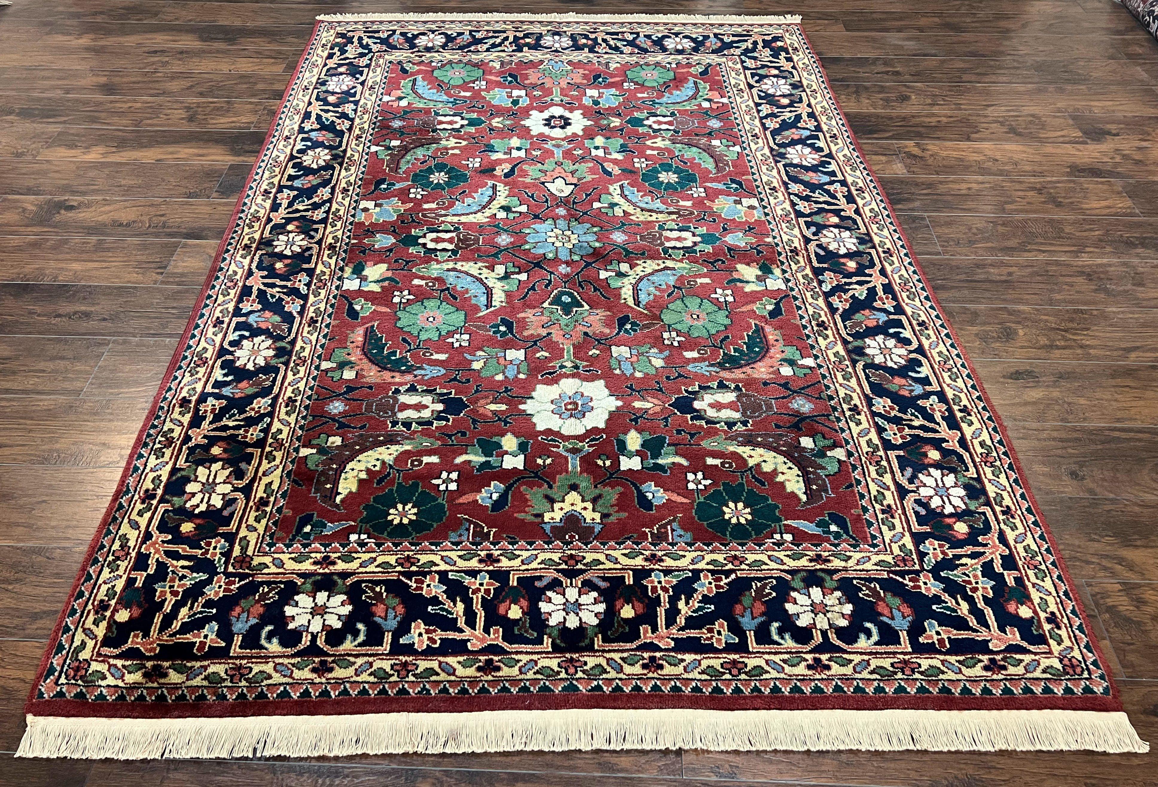 Indo Heriz Rug 6x9 Indian Persian Carpet, Vintage Rug 6 x 9 Oriental Rug, Hand Knotted Wool Rug Red Black Blue Colorful Allover Large Leaves - Jewel Rugs