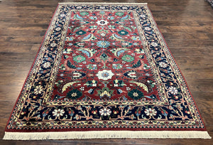Indo Heriz Rug 6x9 Indian Persian Carpet, Vintage Rug 6 x 9 Oriental Rug, Hand Knotted Wool Rug Red Black Blue Colorful Allover Large Leaves - Jewel Rugs