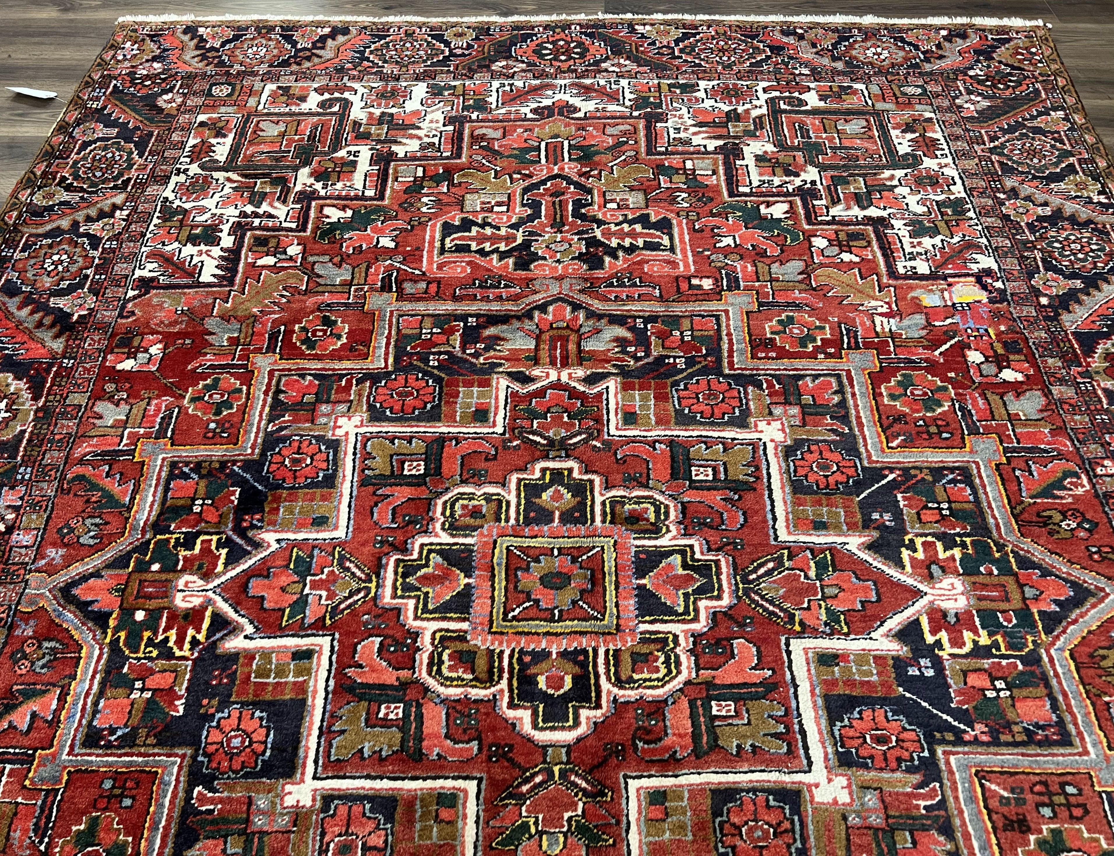 Persian Heriz Rug 8x12, Vintage Geometric Medallion Carpet, Semi Antique Wool Handmade Room Sized Oriental Rug 8 x 12, Red Dark Blue Ivory - Jewel Rugs
