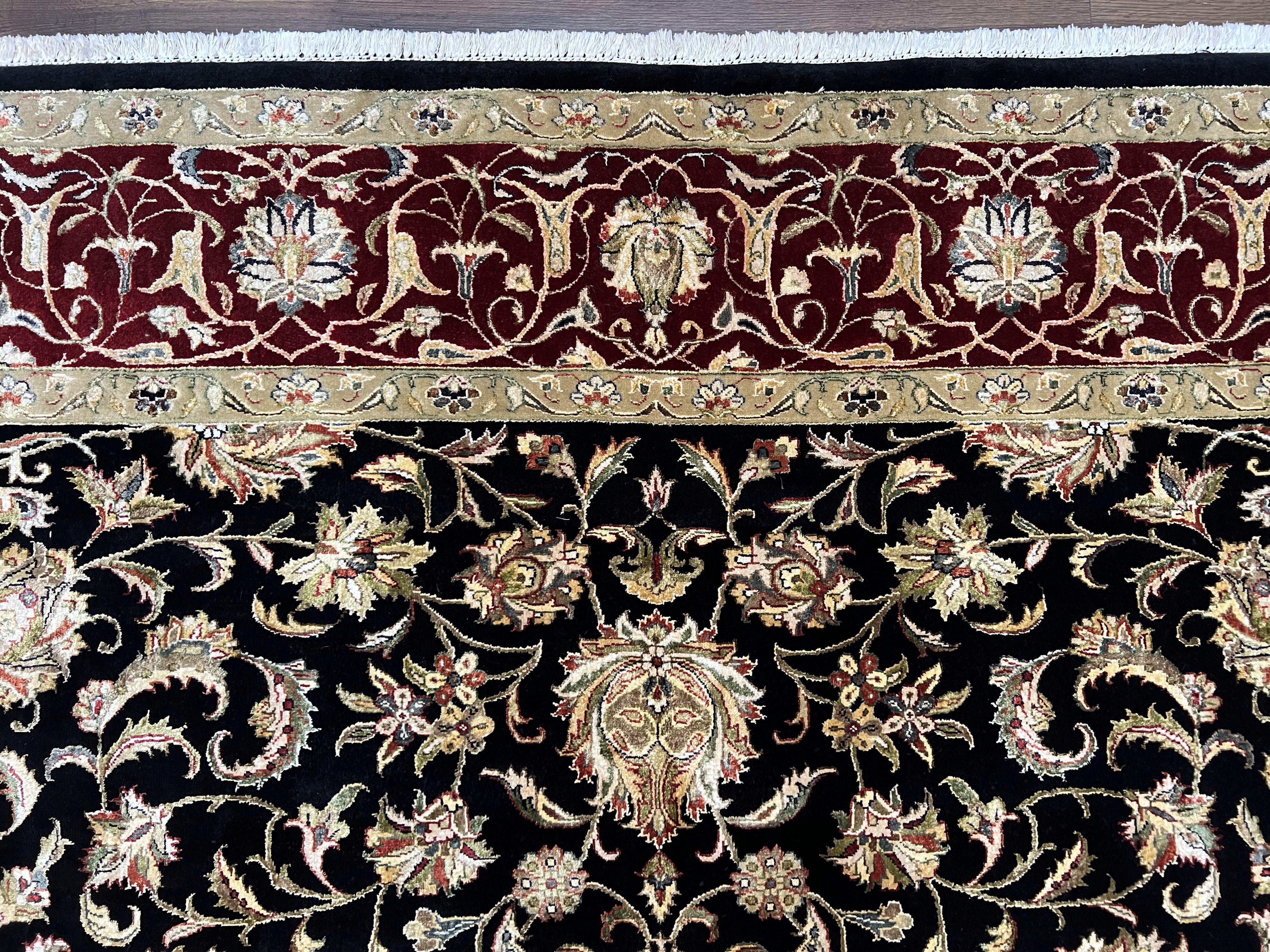 Indo Persian Rug 8x10, Black and Maroon Floral Allover Wool and Silk Oriental Carpet 8 x 10 ft, Hand Knotted Traditional Vintage Room Sized - Jewel Rugs