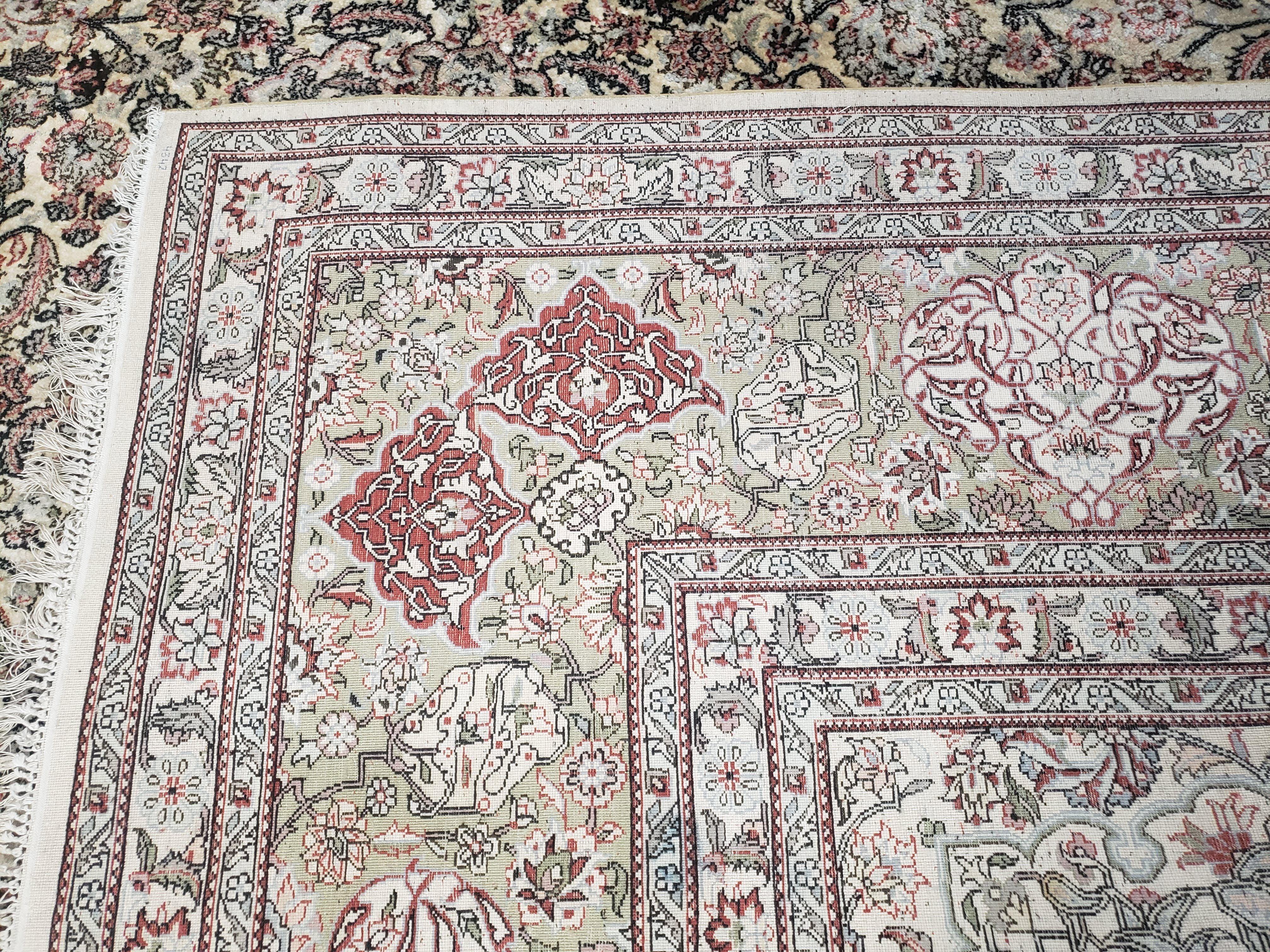 Vintage Indian Room Sized Silk Rug 8x10, Indo Kashmiri Carpet, Hand-Knotted Persian Oriental Carpet, Floral Medallion Allover Pattern, Ivory - Jewel Rugs