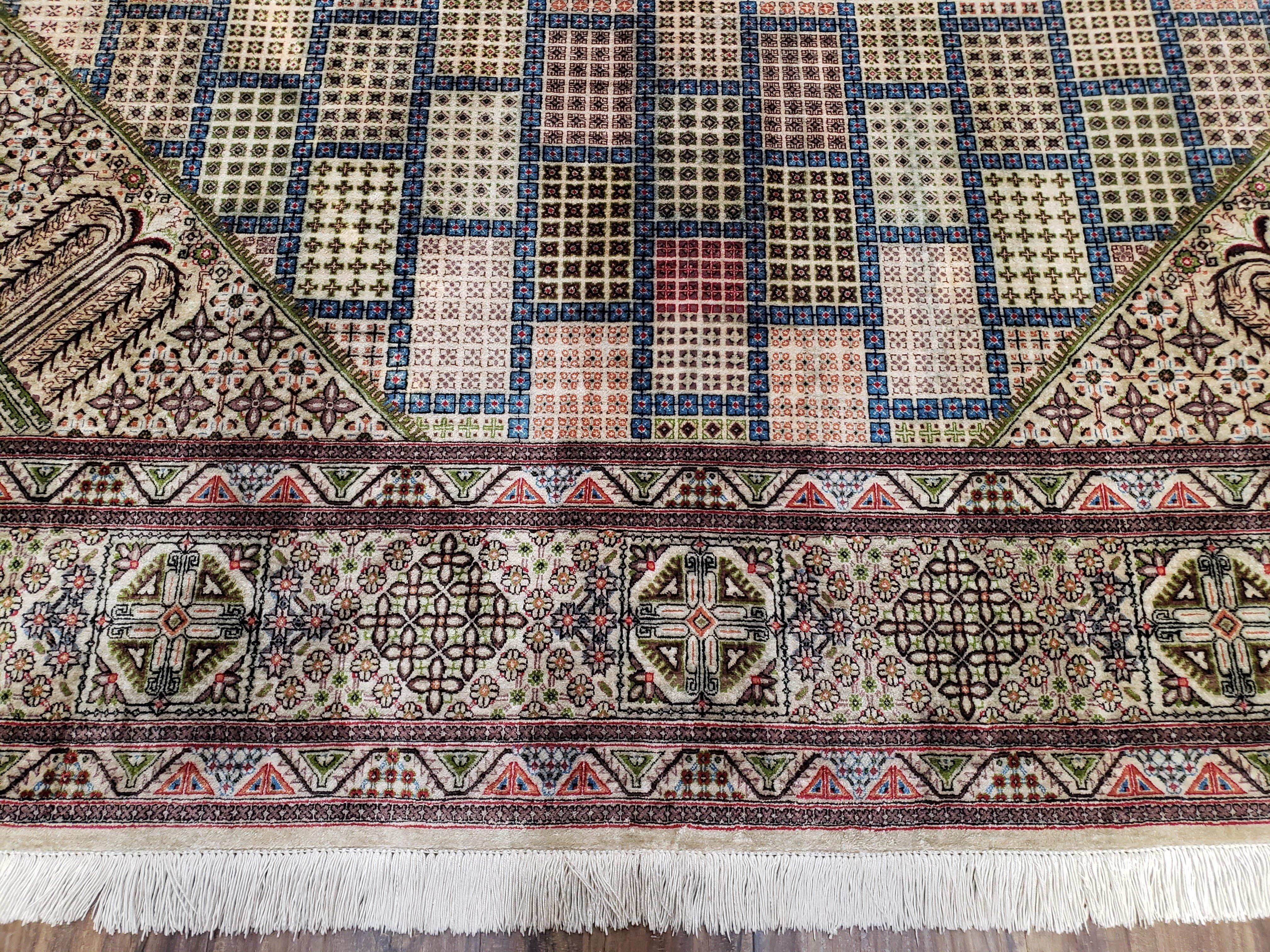 Sino Persian Silk Rug 6.4 x 9.9, Very Fine Hand Knotted Carpet, Panel Design Multicolor, Silk Pile on Silk Foundation, Handmade Vintage - Jewel Rugs