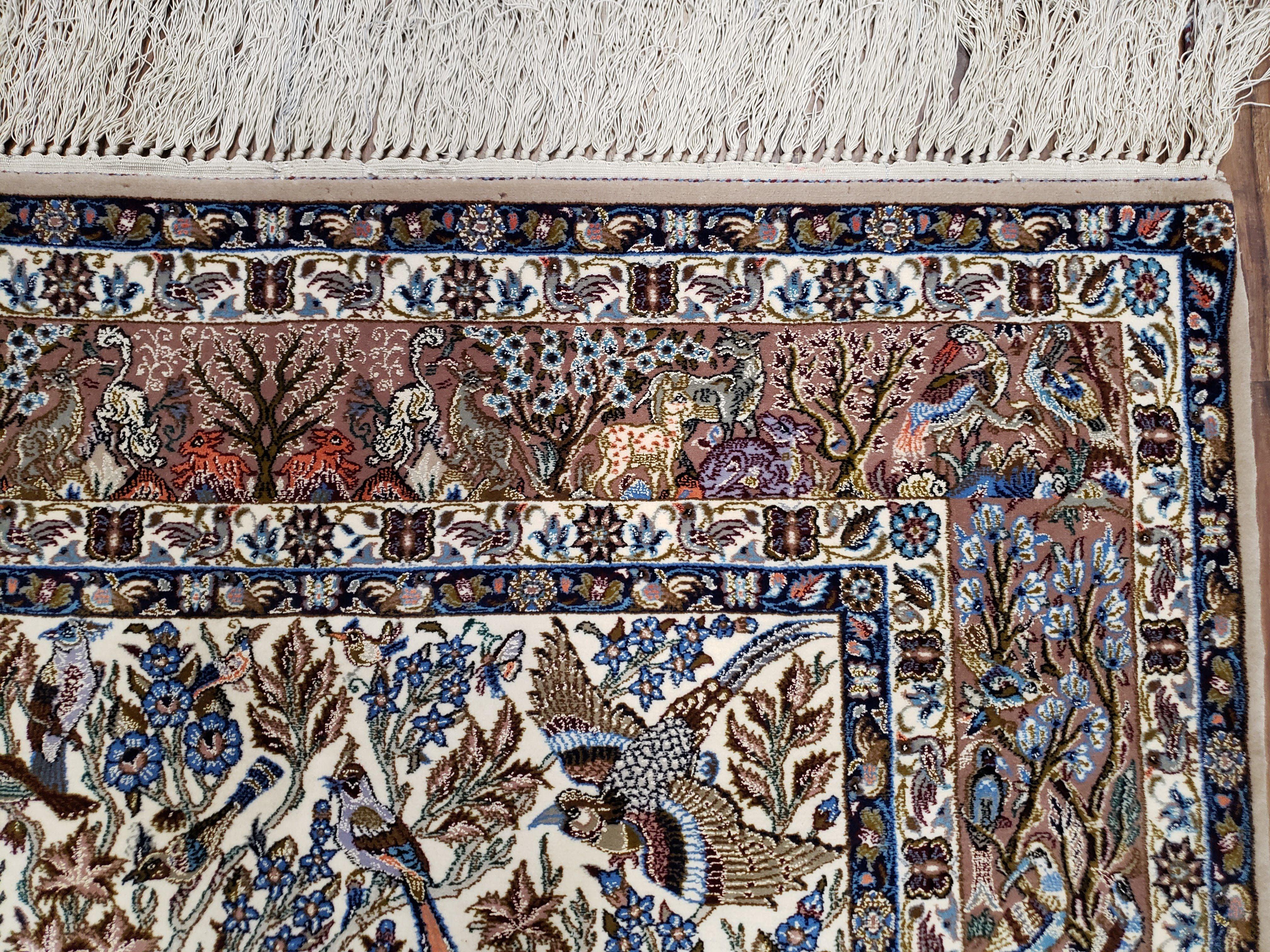 Persian Isfahan Rug, Animal Pictorials, Fine & Highly Detailed, Kork Wool on Silk Foundation, Hand-Knotted, Ivory, 3'7" x 5'6" - Jewel Rugs