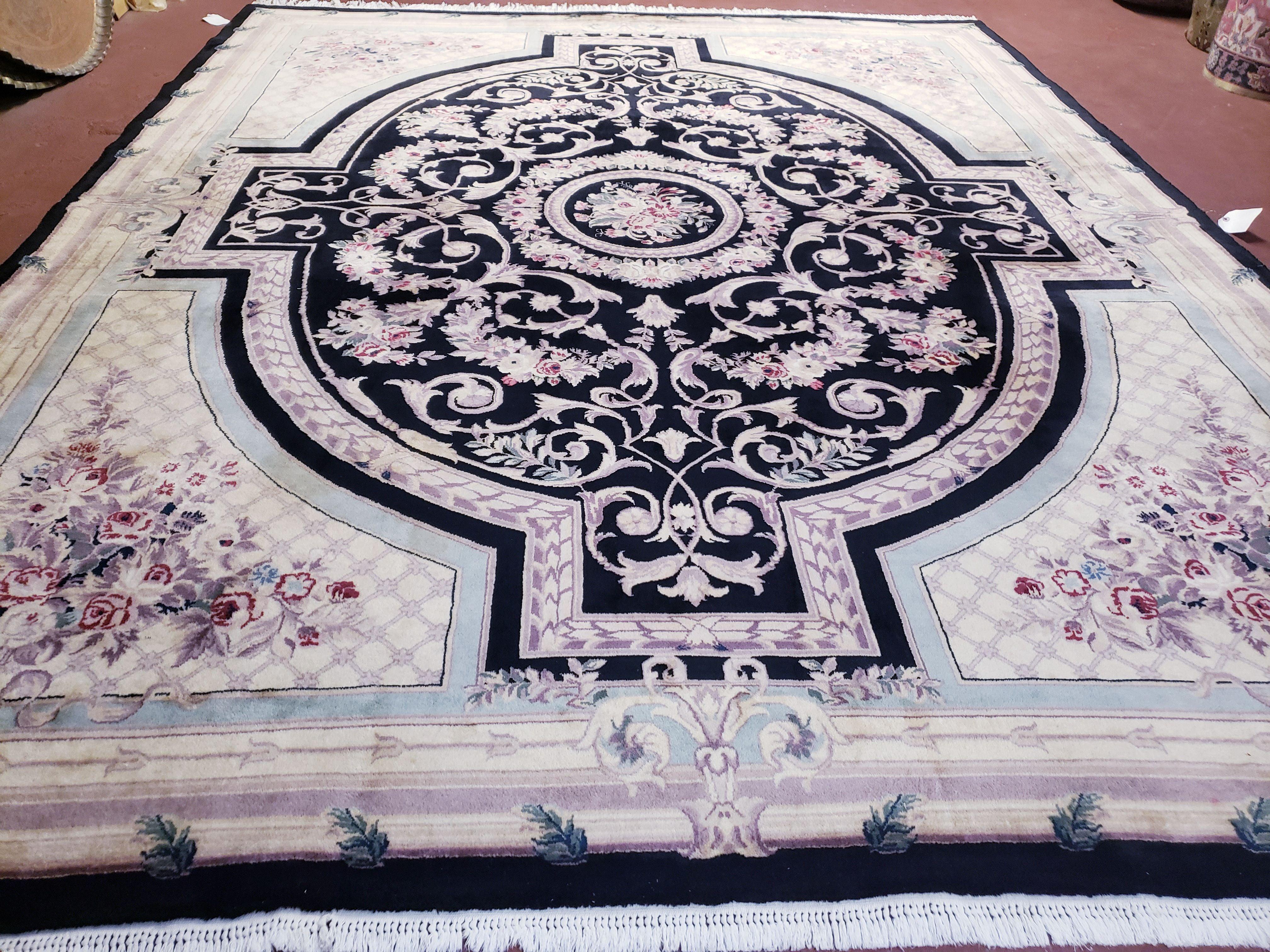 8x10 Aubusson Rug, Fine Hand Knotted Wool Carpet, French European Design, Black & Ivory - Jewel Rugs