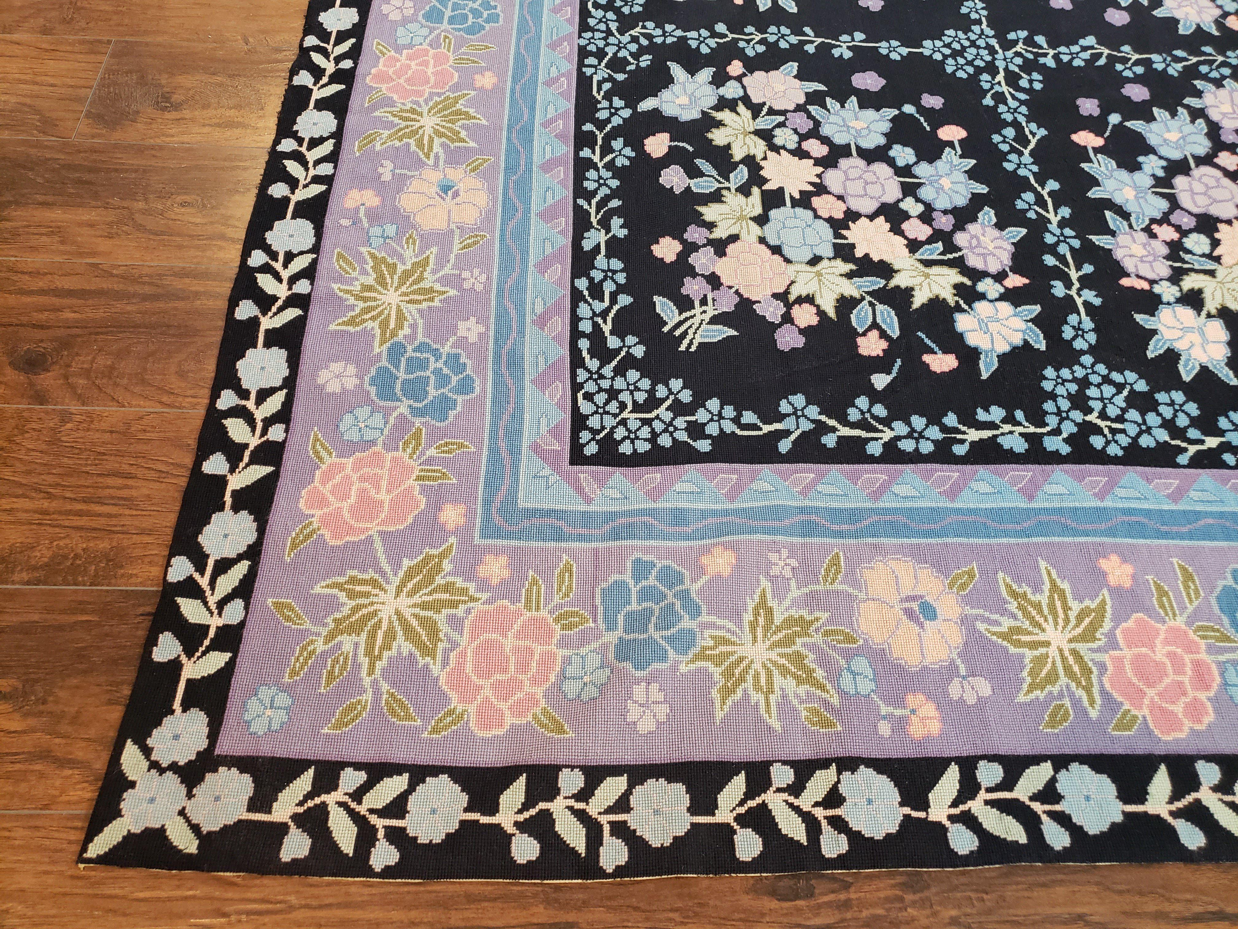 Chinese Needlepoint Rug 8 x 11.4, Hand-Woven Area Carpet, Flatweave Rug, Black Blue Light Violet Floral Garden European Design Wool Aubusson - Jewel Rugs