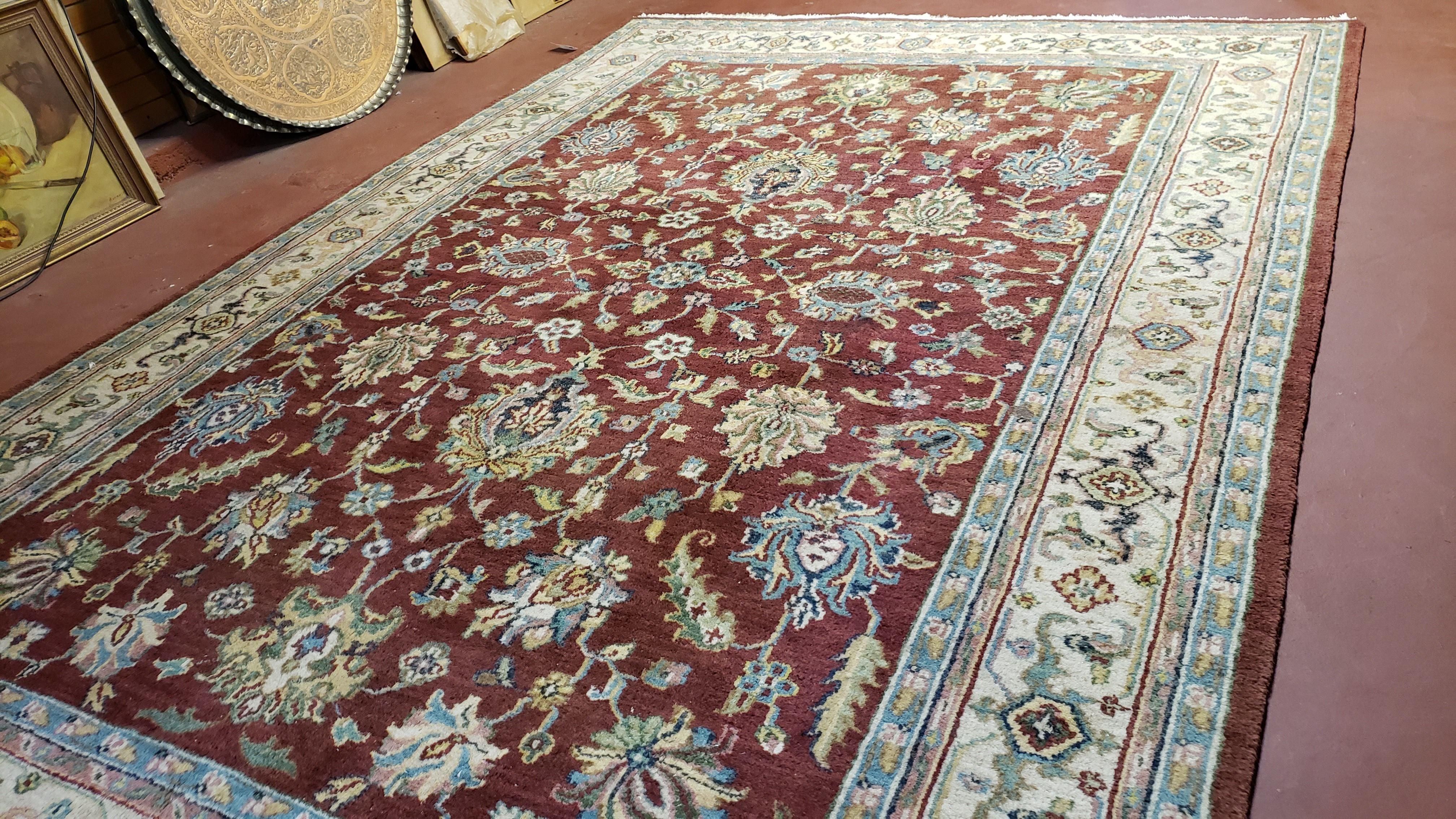 8x12 Indo-Mahal Rug, Floral Allover, Red & Beige, Wool Vintage Handmade Traditional Carpet - Jewel Rugs