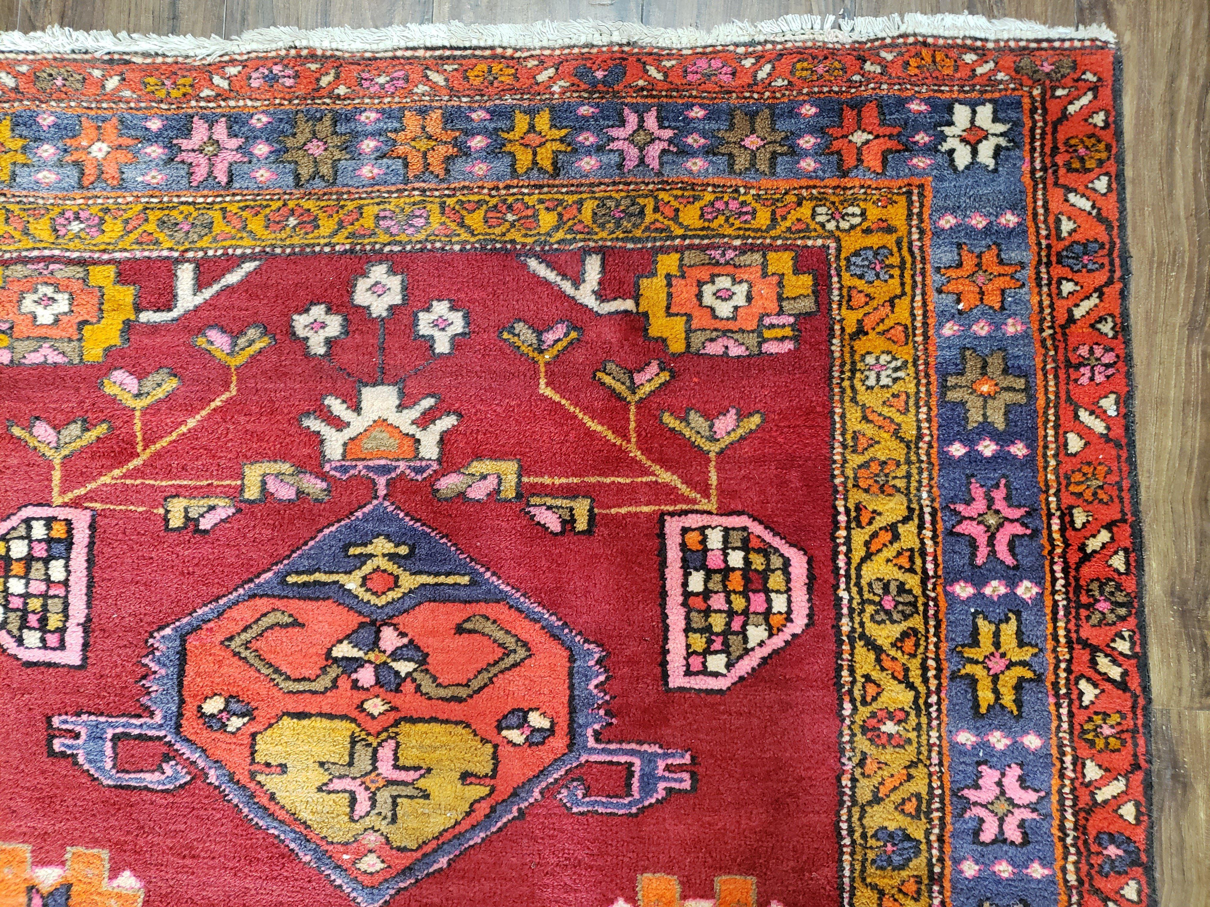 Antique Persian Karajeh Runner Rug 4.4 x 11 ft, Red Colorful Bold Vintage Tribal Geometric Heriz Runner, Village Runner, High Quality Handmade, 11ft Runner - Jewel Rugs