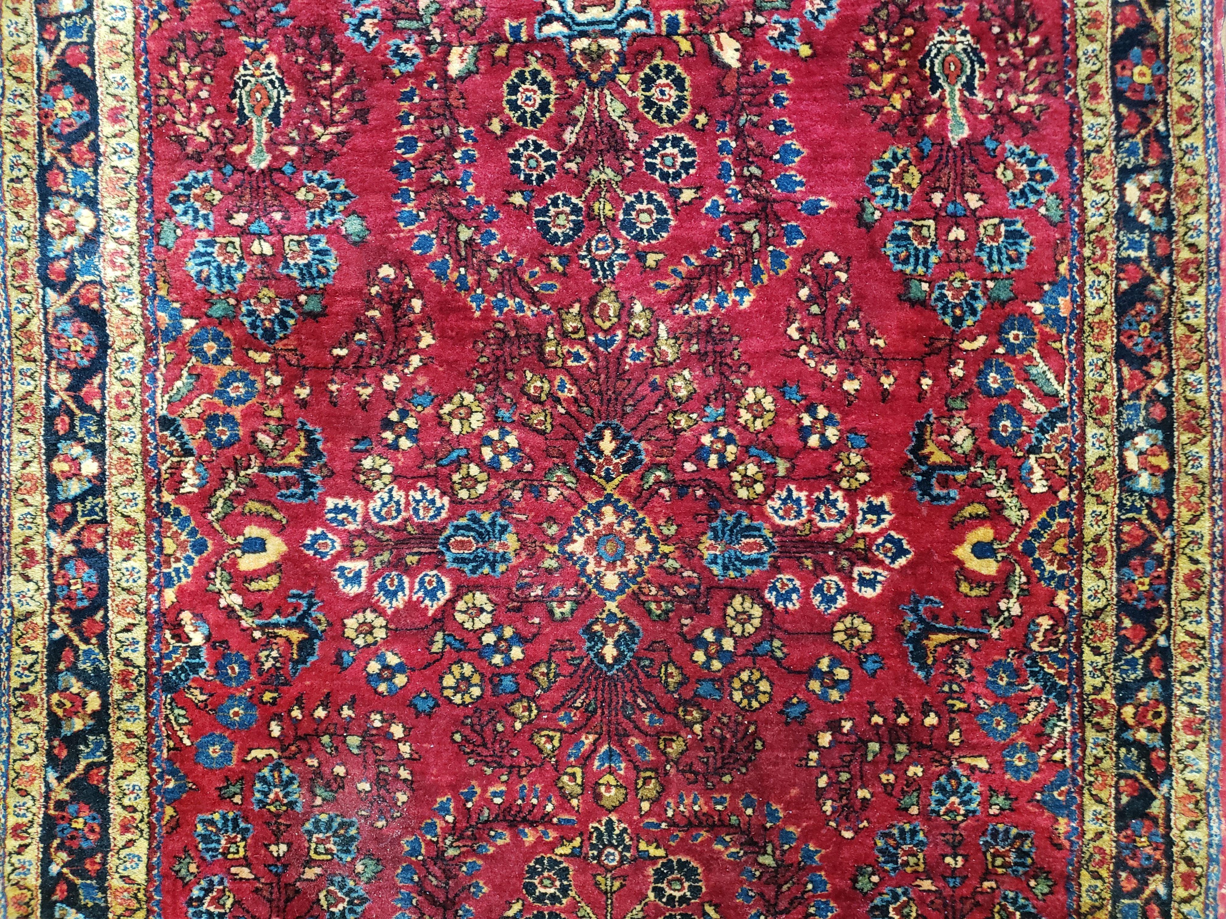 Antique Persian Sarouk Rug, Red, Allover Floral Pattern, Hand-Knotted, Wool, 3'4" x 4'11" - Jewel Rugs