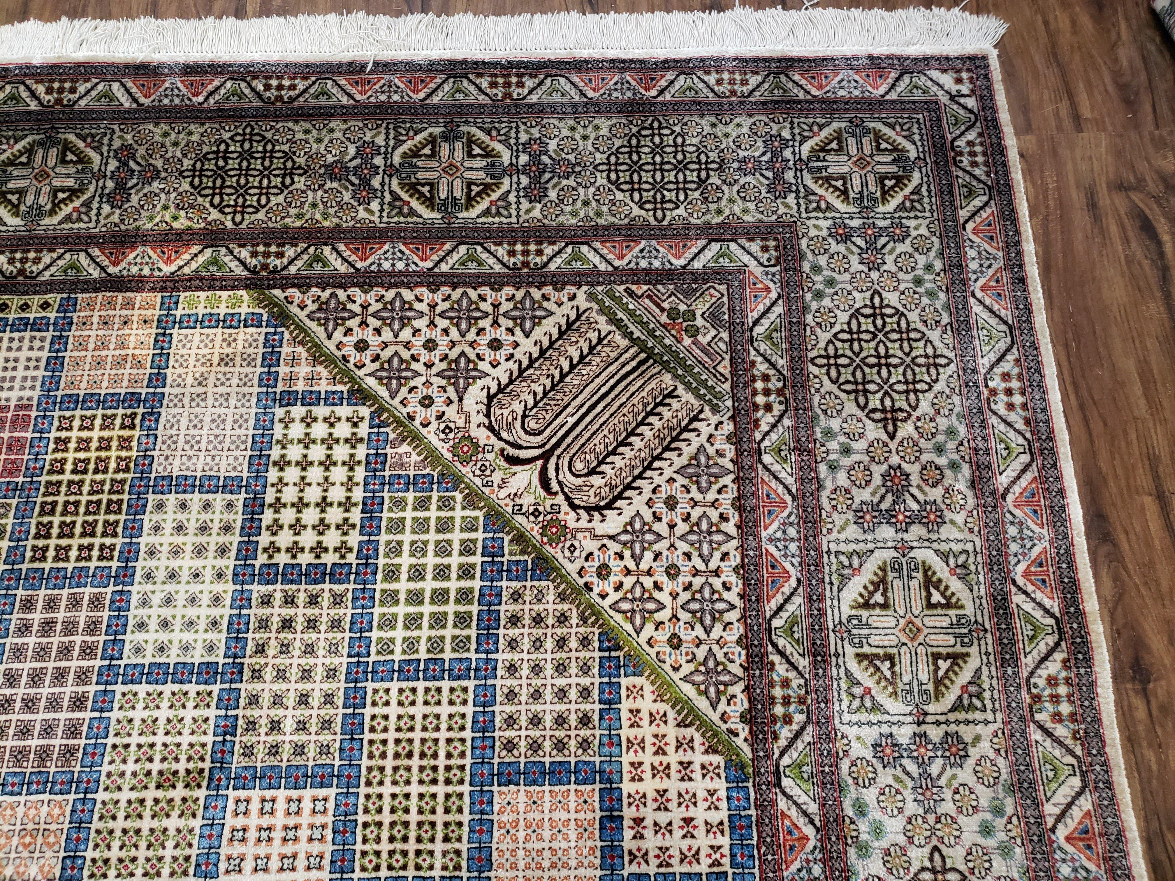 Sino Persian Silk Rug 6.4 x 9.9, Very Fine Hand Knotted Carpet, Panel Design Multicolor, Silk Pile on Silk Foundation, Handmade Vintage - Jewel Rugs