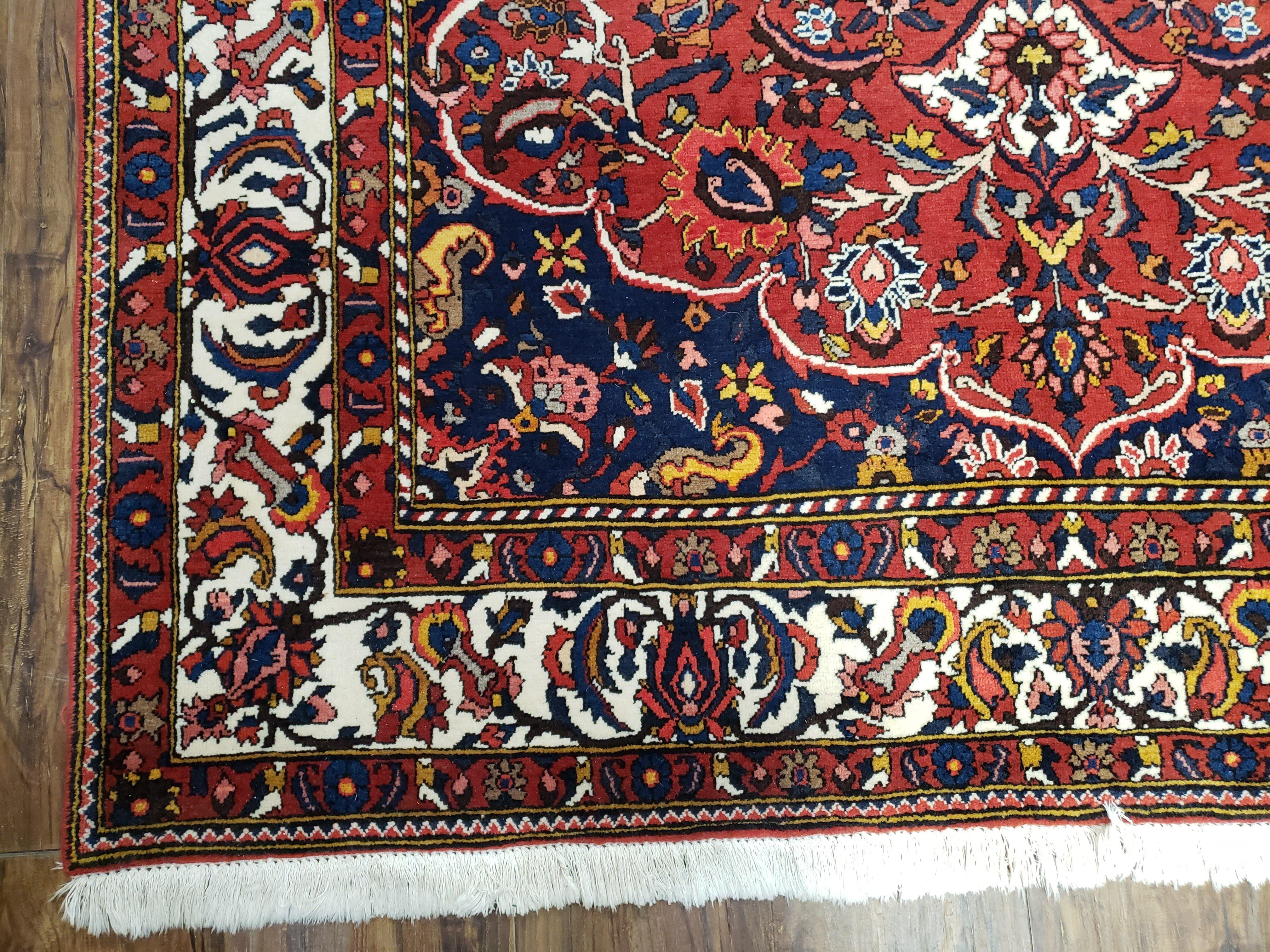 Semi Antique Persian Bakhtiari Rug, Hand-Knotted, Wool, Red, Midnight Blue, Ivory, Floral Medallion, 5'1" x 8' 6" - Jewel Rugs