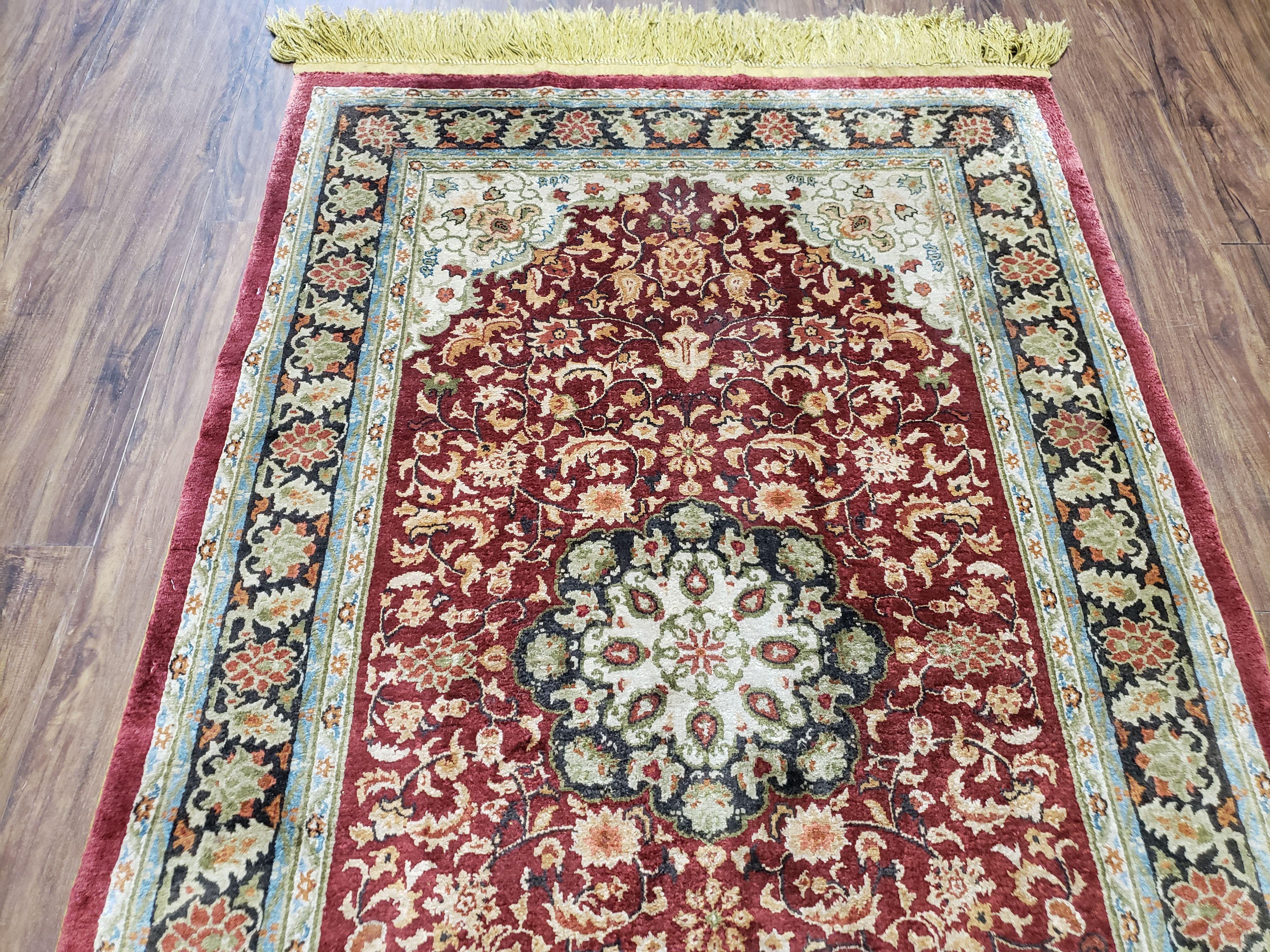 3x5 Silk Hand-Knotted Rug, Silk Oriental Carpet 5 x 3, Red & Ivory, Floral Medallion, Gold Fringes, Semi Antique Vintage Traditional Rug - Jewel Rugs