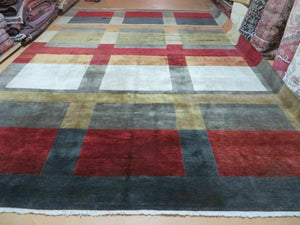 10' X 13' Modern Handmade Tibetan Nepal Abstract Wool Rug Art Deco Carpet Multicolor - Jewel Rugs