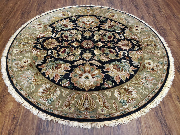 Round Indo Mahal Rug, 6ft Round Rug, Round Oriental Carpet, Black Circular Rug, Handmade Hand Knotted, Large Flowers, 6x6 Round Wool Rug - Jewel Rugs