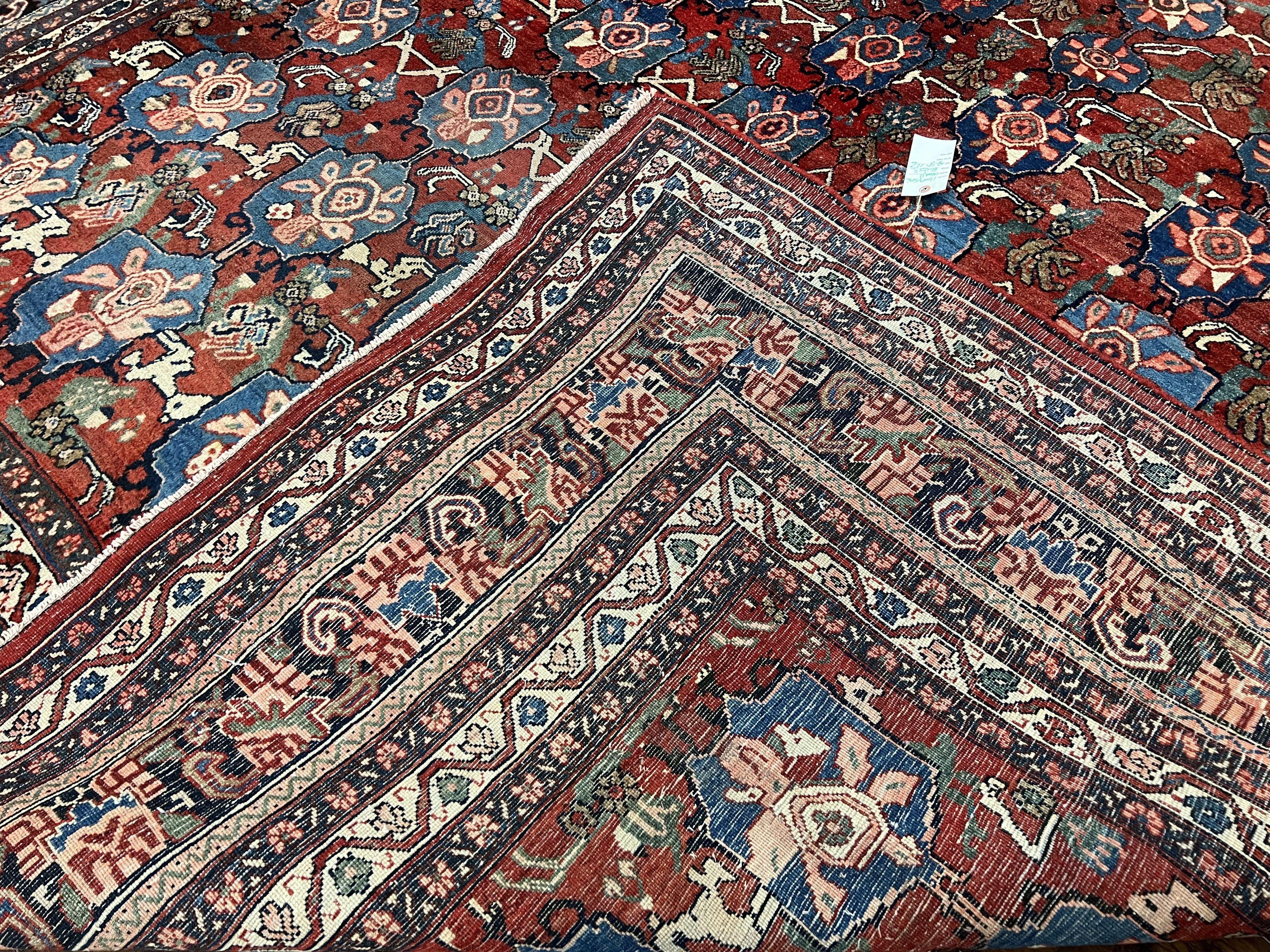Antique Persian Bijar Rug 9x12 - Allover Motif, Red & Blue - Jewel Rugs