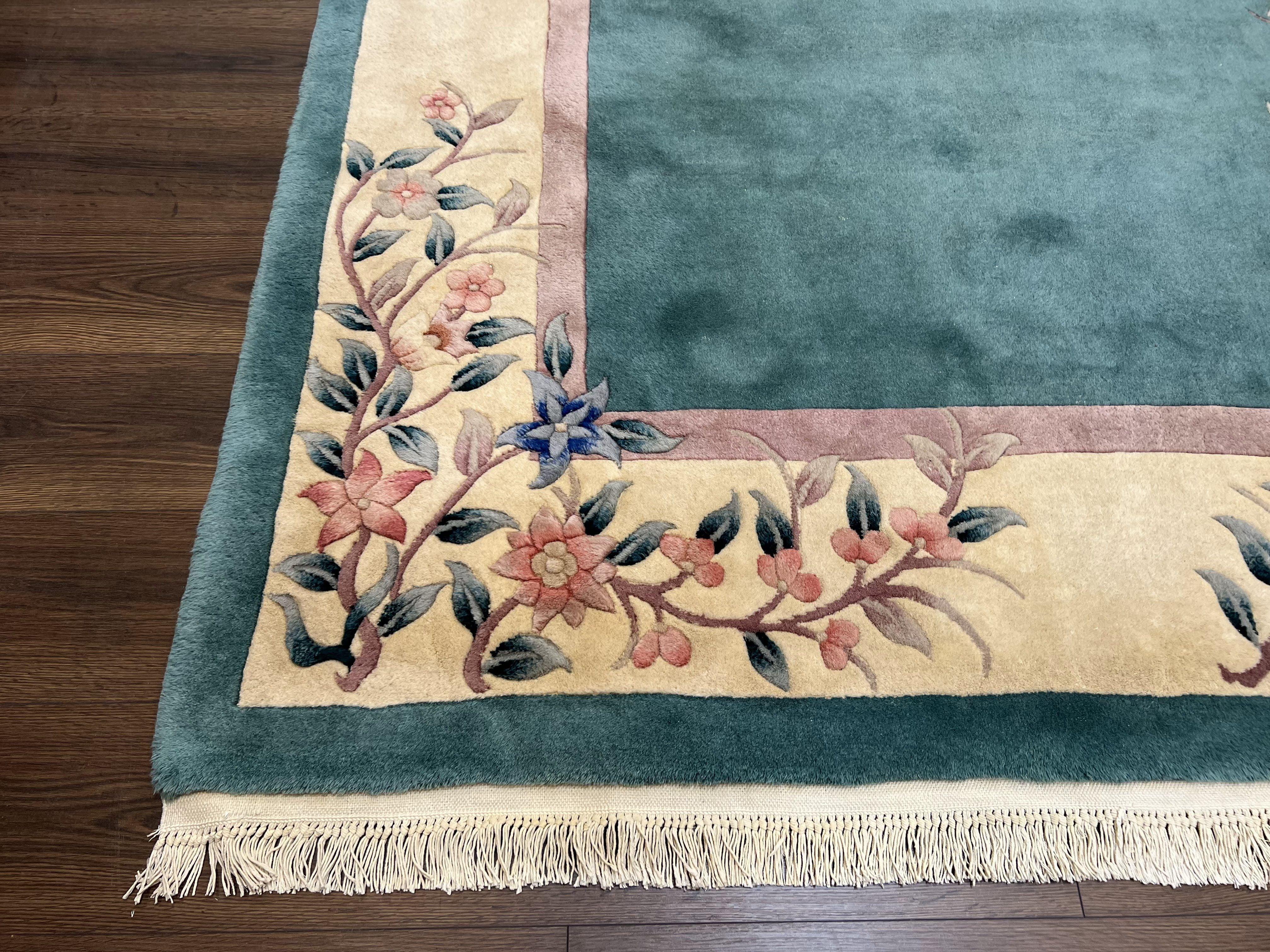 Vintage Chinese Carving Rug 9x12, Chinese 120 Line Rug, Green and Cream, Classic Hand Knotted Asian Carpet, Art Deco Rug, Soft Plush Wool - Jewel Rugs