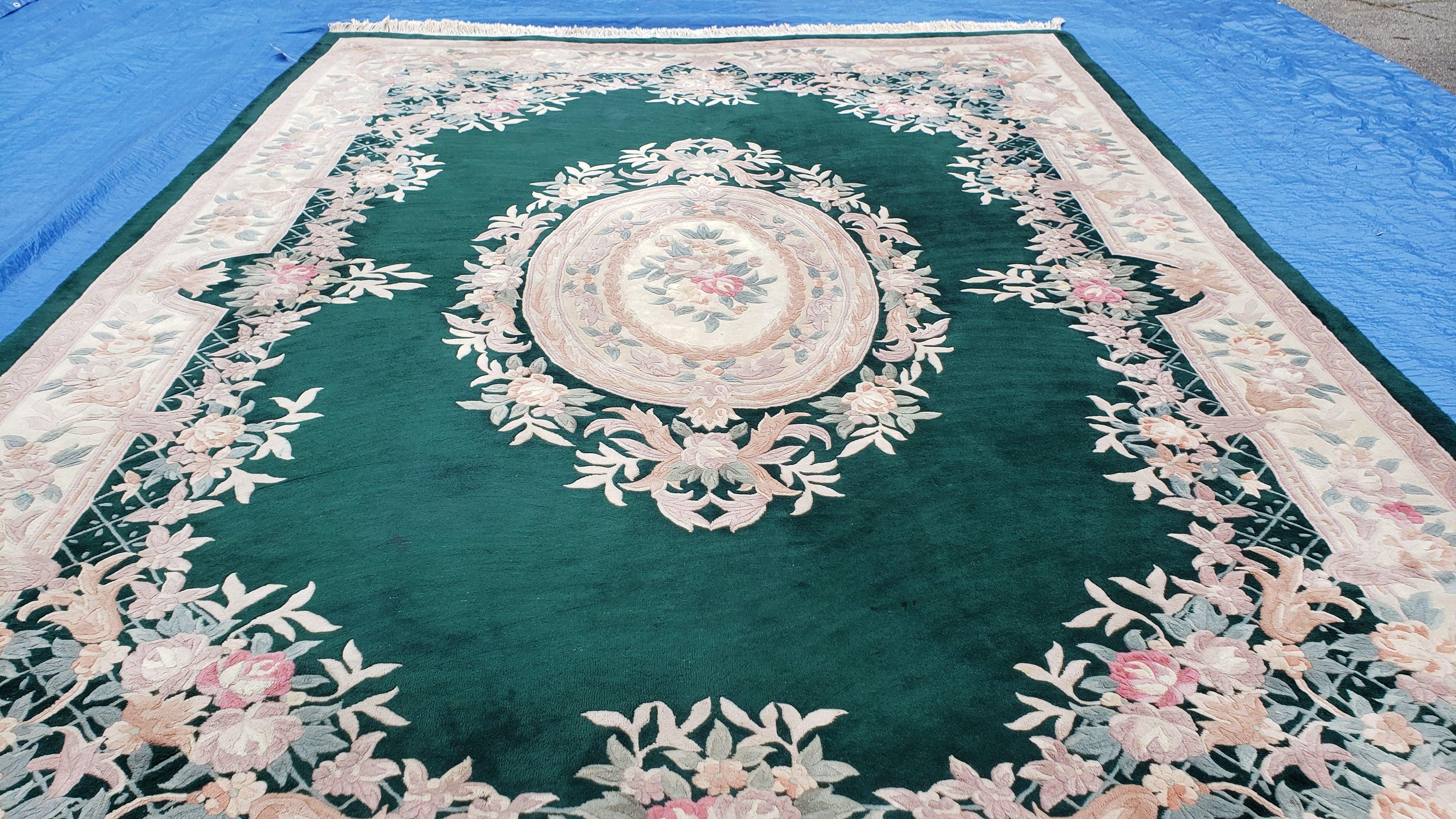 Vintage Chinese Carpet 10x14, Pine Green & Ivory, Chinese Carving 90 Line Area Rug, Soft Plush Wool Pile, Aubusson Design, Hand Knotted - Jewel Rugs